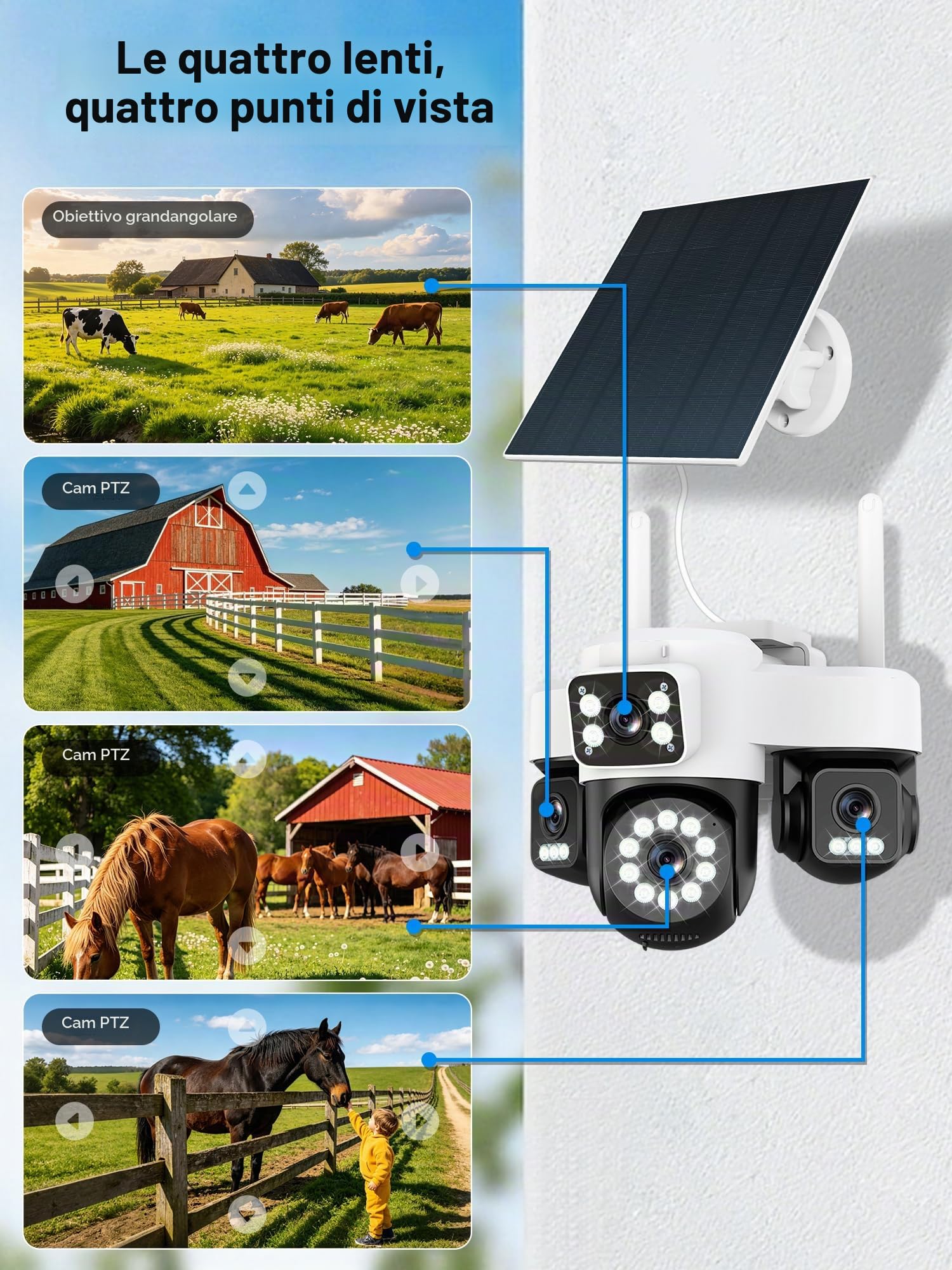 4G Camera di sorveglianza esterna senza fili,AOV 24/7,Quattro obiettivi/Camera solare/Batteria,4K telecamere di sorveglianza con scheda SIM,Visione vocturna,Allarme,Audio bidirezionale,Monitoraggio