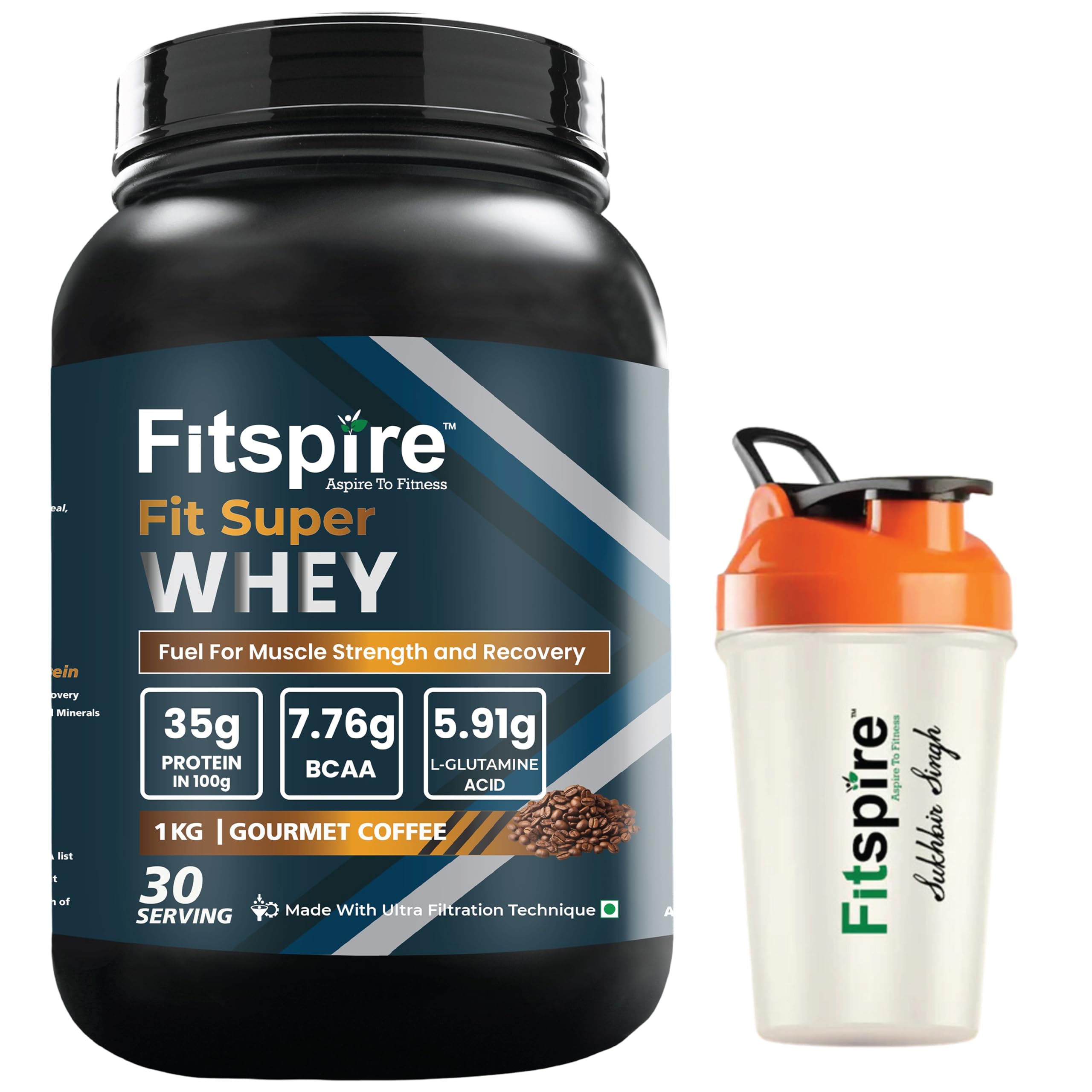 Fit Super Gourmet Coffee Whey Protein Powder 1kg (35g Protein Per 100g) with Shaker | Zero Added Sugar | Enhanced with Digestive Enzyme Blend