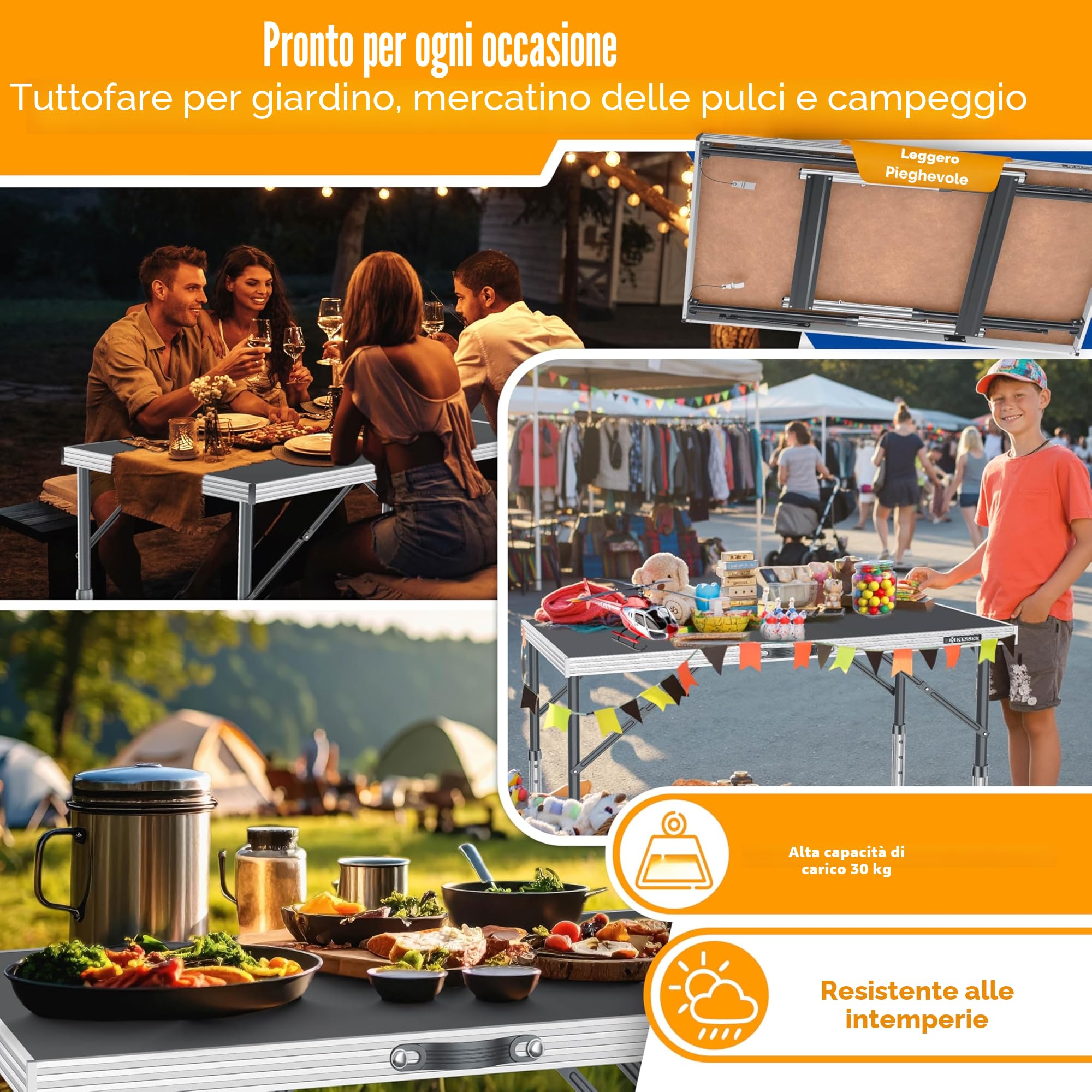 KESSER Tavolo multifunzione professionale, 3 pezzi, 100 x 60 cm, carico totale di 90 kg, con funzione estraibile, tavolo pieghevole per mercatino delle pulci, tavolo da campeggio multiuso, regolabile