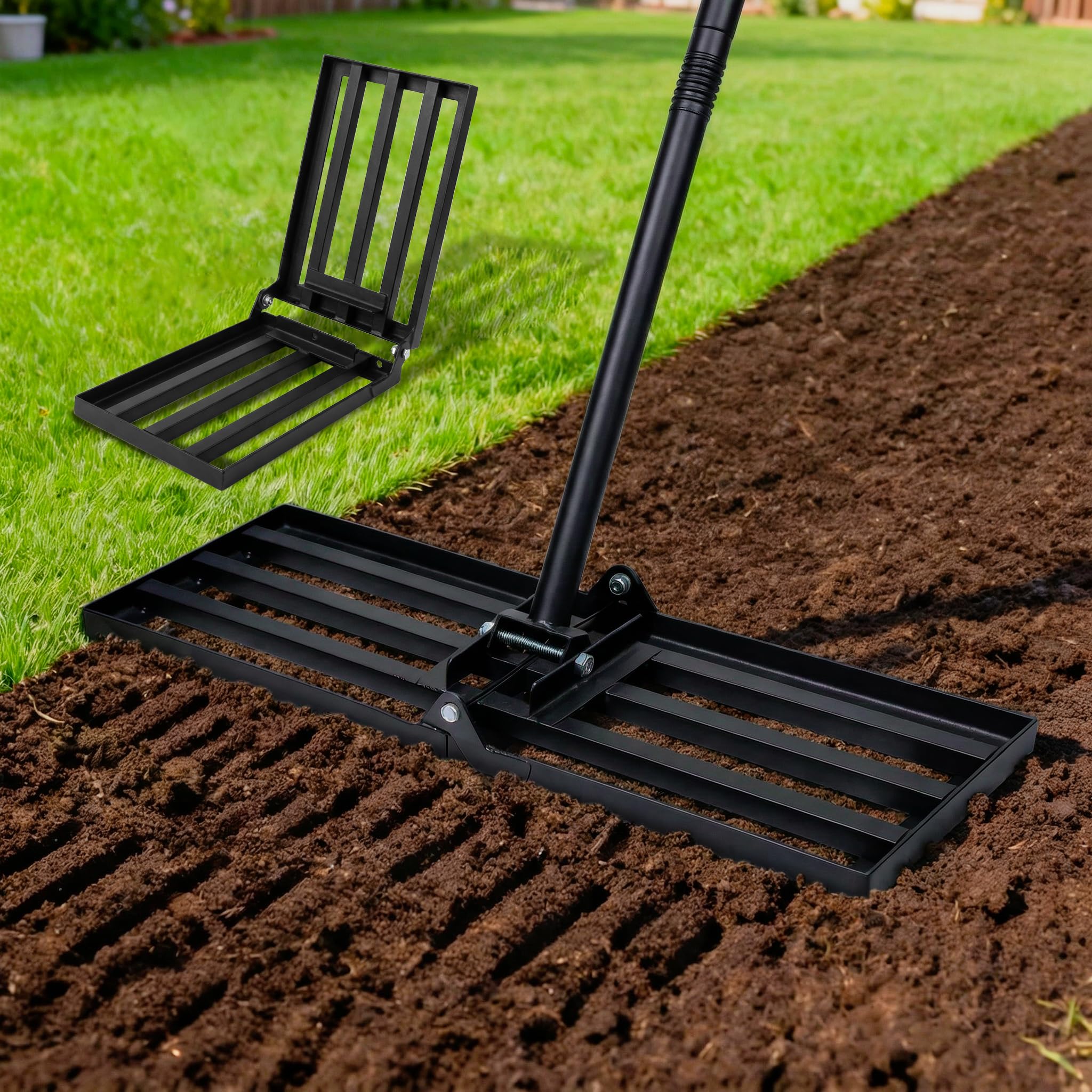 Yazoni Lawn Leveling Rake, 30" x10" Collapsible Plate,Lawn Leveler with Galvanized Angle Iron Head & Carbon Steel Handle Garden Rake for Lawns for Backyard, Garden, Pasture,Golf Course, Farm