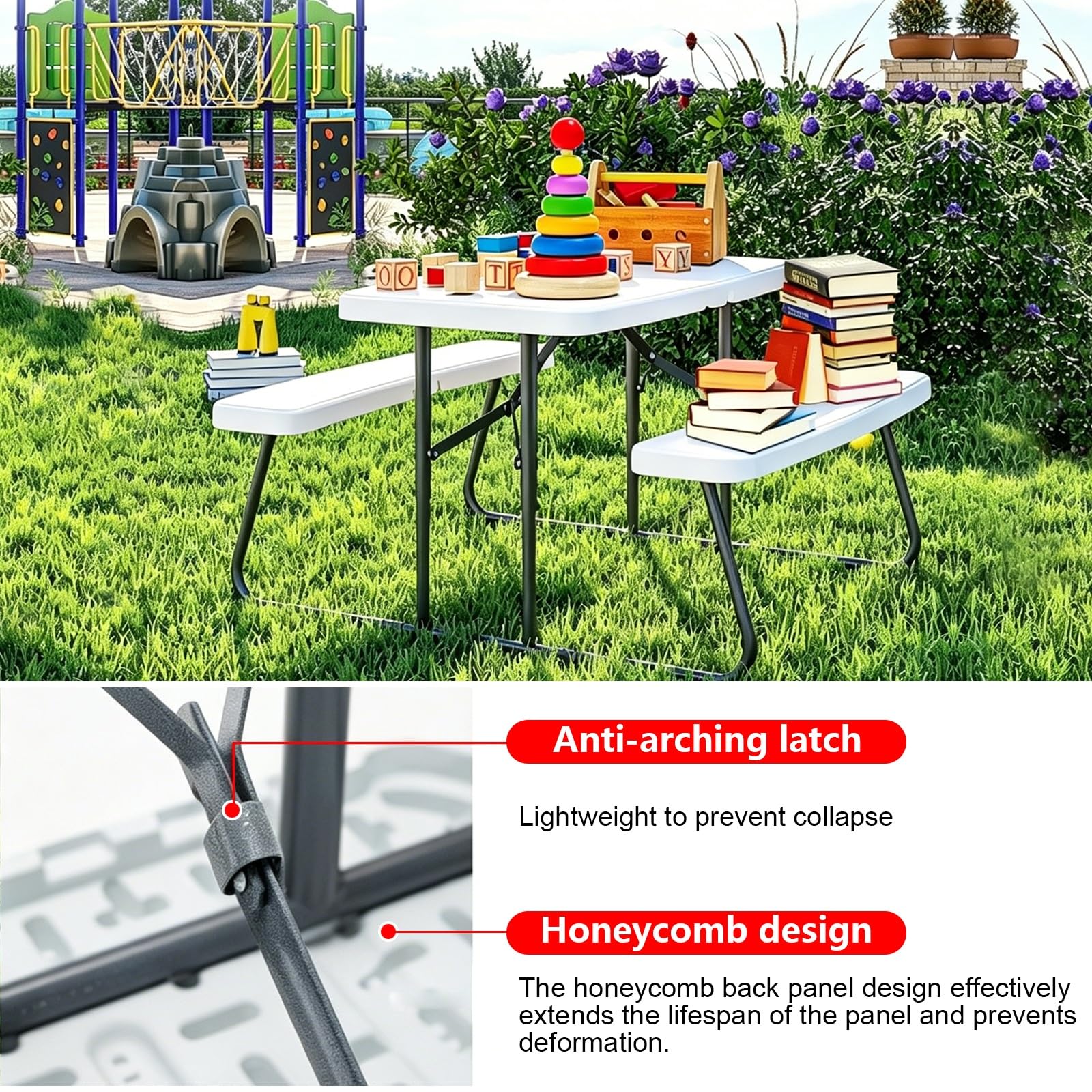 Tavolo da picnic per bambini con 2 panche, pieghevole in HDPE, resistente alle intemperie, per esterni, cortile, giardino, sala giochi, interni