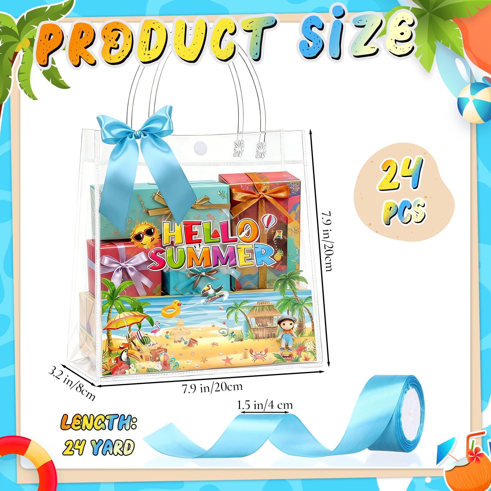 Tatuo 24 Pcs Hello Summer Gift Bags 7.9 x 3.2 x 7.9 Clear PVC Beach Bag with Handles Ribbon Bows Waterproof Goodie Candy Treat Tote for Summer Pool Beach Tropical Birthday Party Favors Supplies