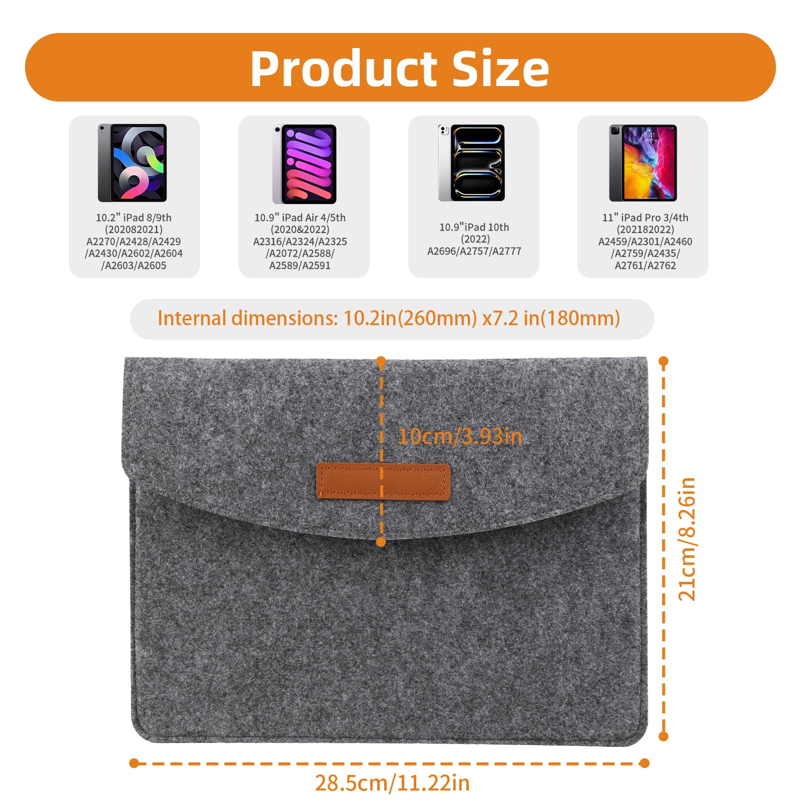 9-11" Zoll Tasche aus Filz, Tablet Tasche 11 Zoll für iPad Air 11 & iPad Pro, Dünne Schutzhülle mit Klettverschluss und Zusatzfach, Leichte Tablet Hülle für Alltag Reise Büro Hellgrau