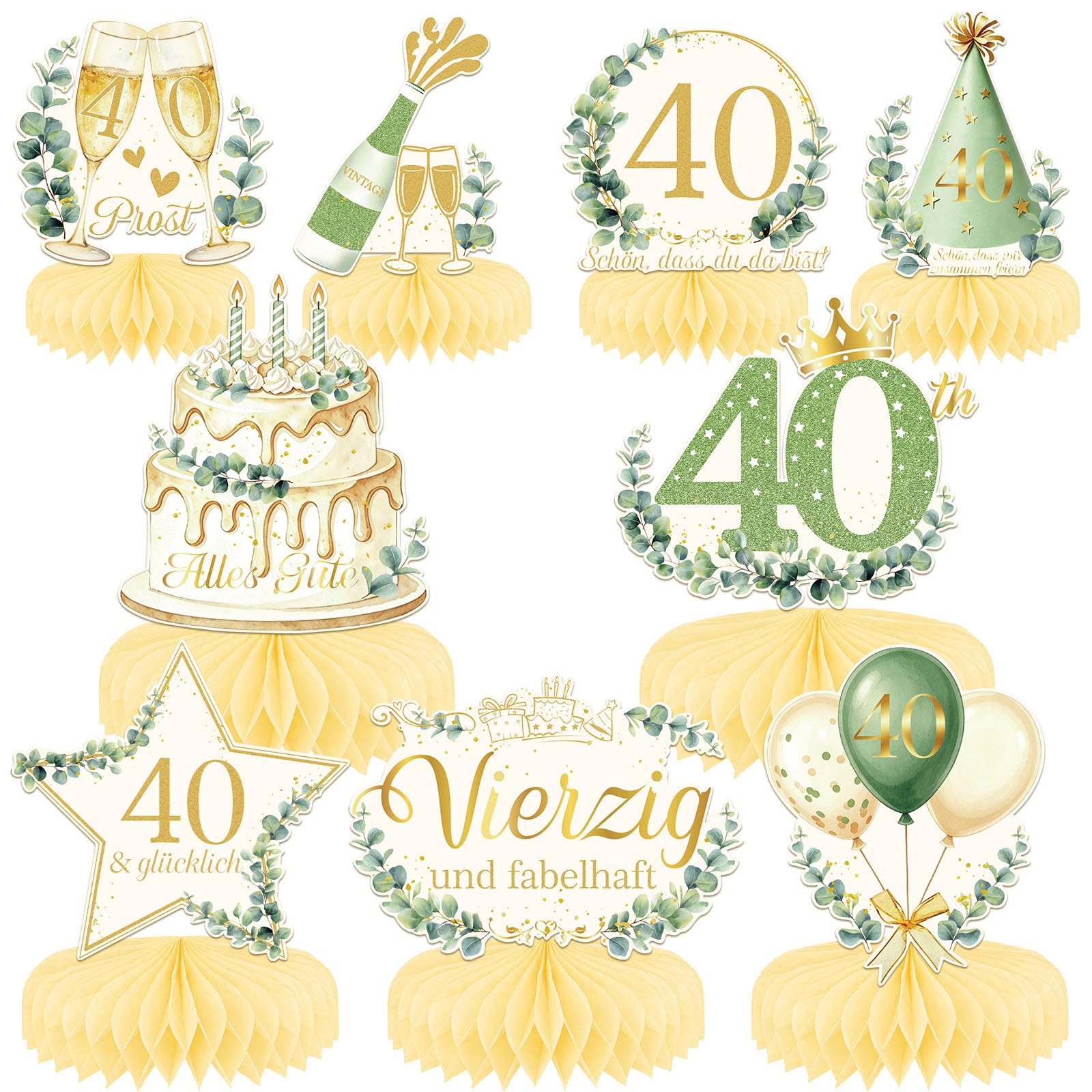 WenmthG 40. Geburtstag Deko – 9 Stück Eukalyptus Bienenwaben Tischdeko für Frauen und Männer, Geburtstagsdeko 40, Partydeko zum 40. Geburtstag