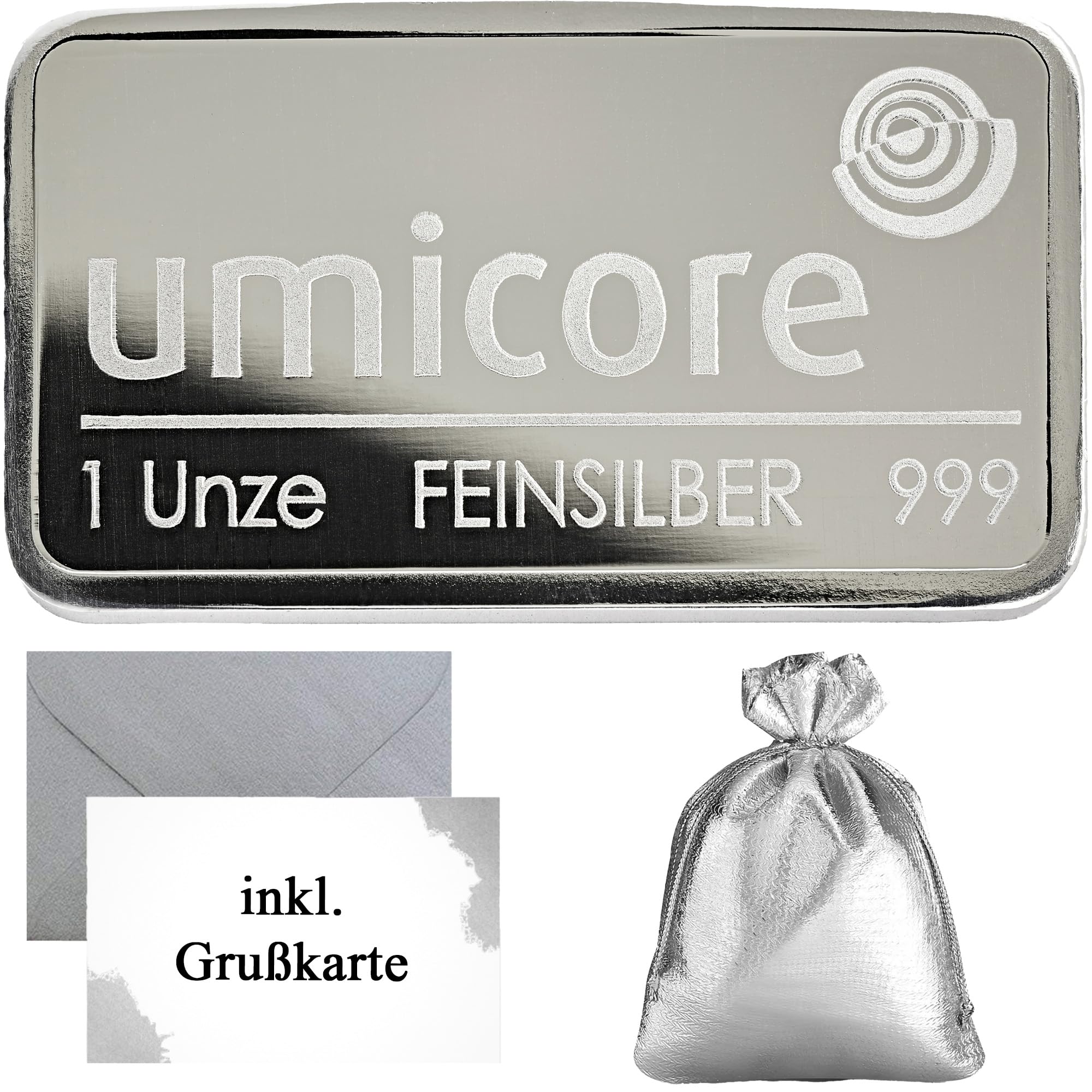 Silberbarren Umicore 999 Feinsilber – LBMA-zertifiziert – Anlagesilber mit Geschenkverpackung und Grußkarte (31,1g Silber)
