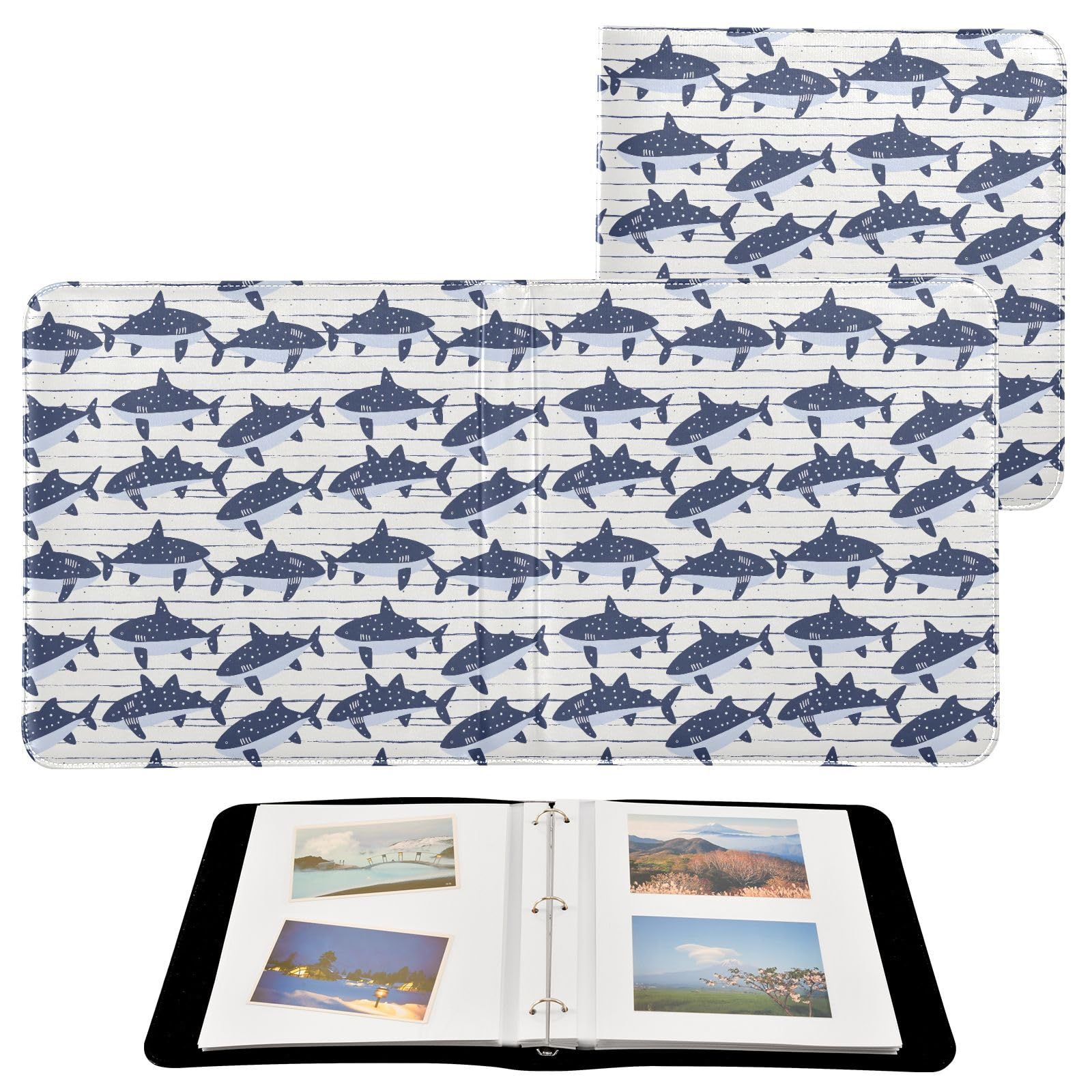 JIPONI Pattern Cartoon Shark Large Photo Album, DIY Leather Cover Scrapbook Albums for 4x6 5x7 6x8 Pictures, Self Adhesive Memory Book for Wedding, Baby, Family
