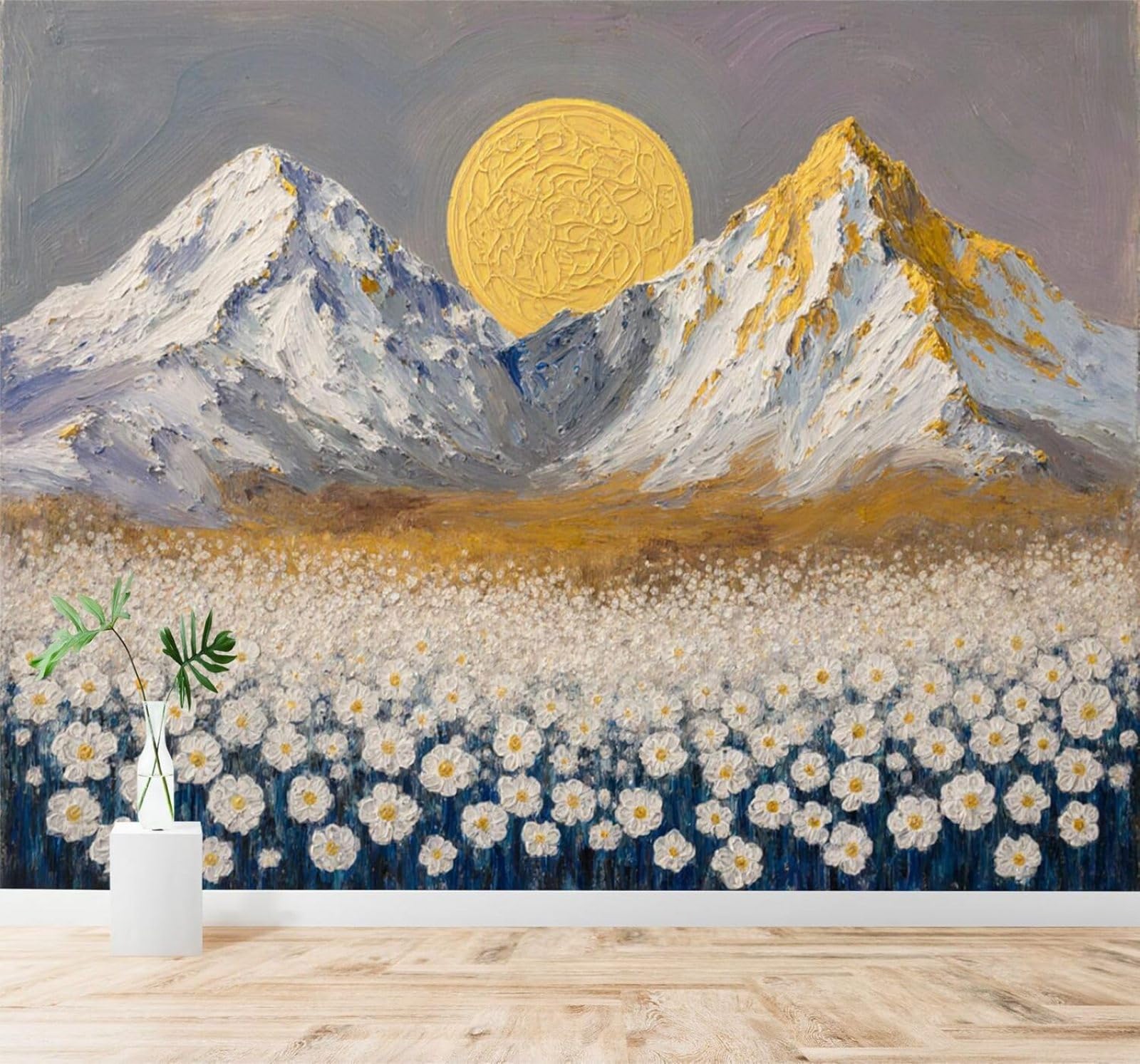 Xlming 150Cm×105Cm(B×H) Three Dimensional Hand Drawn Snow Capped Mountains Golden Sunlight White Flower Fields 3D Wallpaper Silky Texture Home Study Office Grey Dining Room Sofa Bedroom Living Room Tv Backdrop-150Cm×105Cm