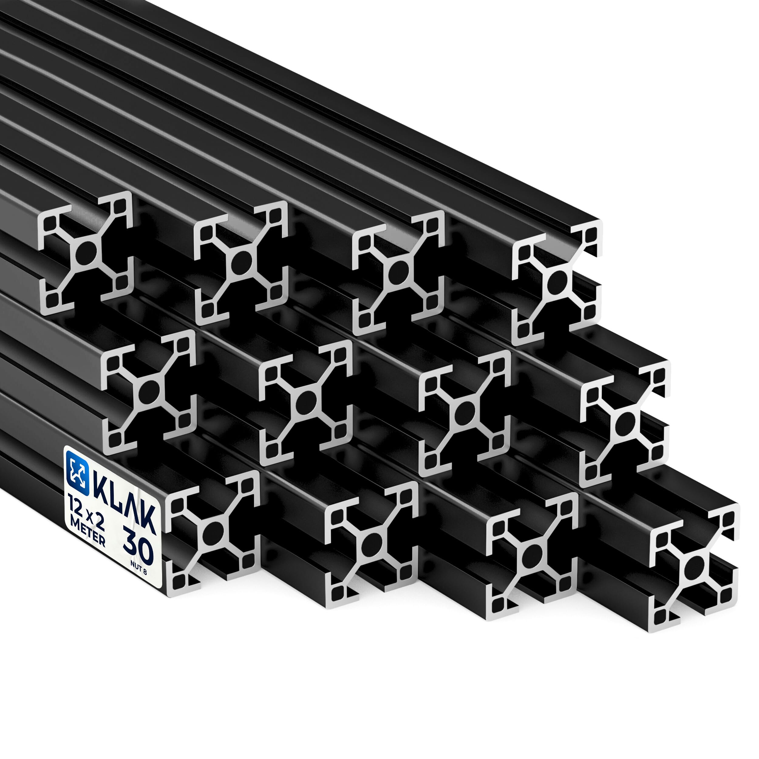 KLAK 30 - Aluprofil 12 Stück 30x30mm 2m Konstruktionsprofil Nut 8 schwarz