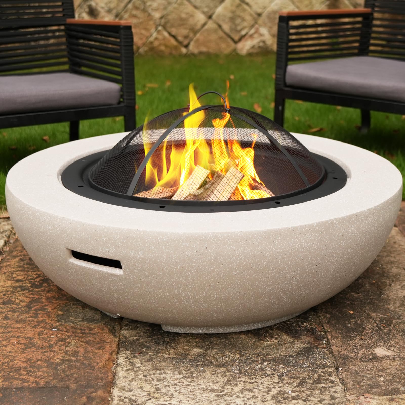 Round Wood Burning Concrete Outdoor Fire Pit,35.43" Heat Resistant MGO Ceramic Material Base with BBQ Grill Firepit for Patio Garden,Backyard Barbecue,Outdoor Gatherings Light Gray (Grey 2)