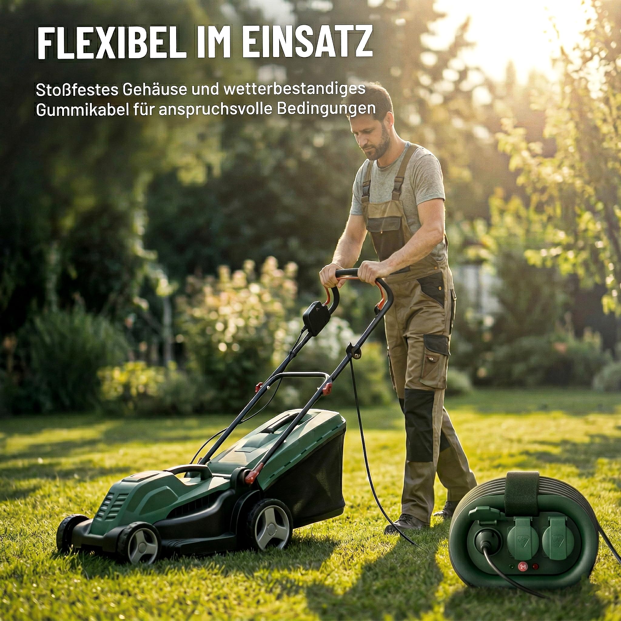 Camping Kabeltrommel 15m IP44 mit GS TÜV | Reset-Knopf, thermischer Überlastschutz, H05RR-F 3G1,5, Outdoor-Kabelrolle, Garten, Baustelle