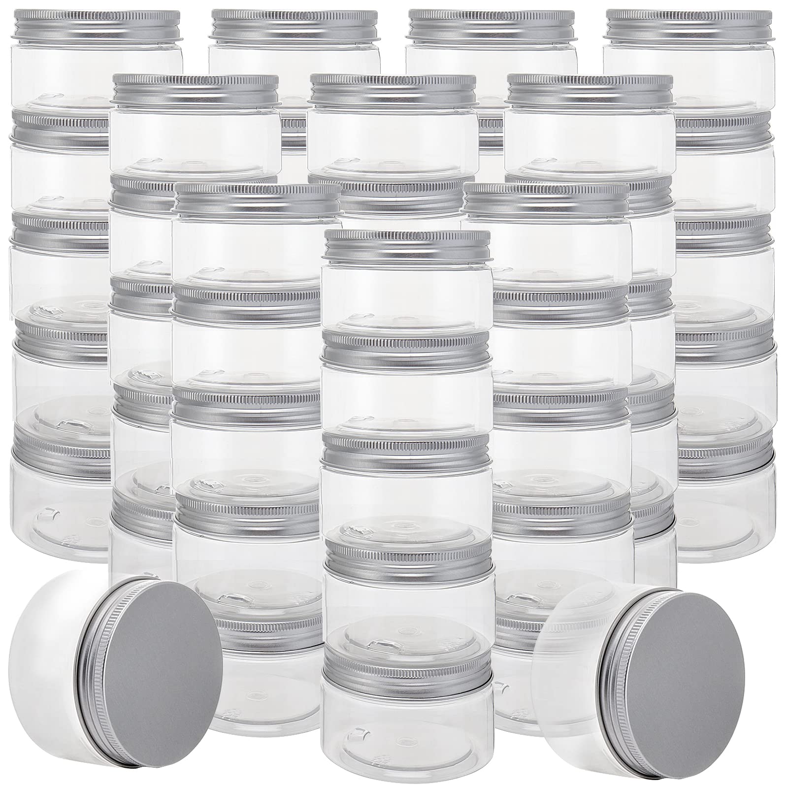 Muklei Clear 50Pcs 30Ml Plastic Jars With Silver Aluminium Lid, Mini Plastic Sample Jar, Wide Mouth Storage Containers Travel Jars For Creams, Glitter, Diy Small Arts Crafts, Spice，Nuts, Candy