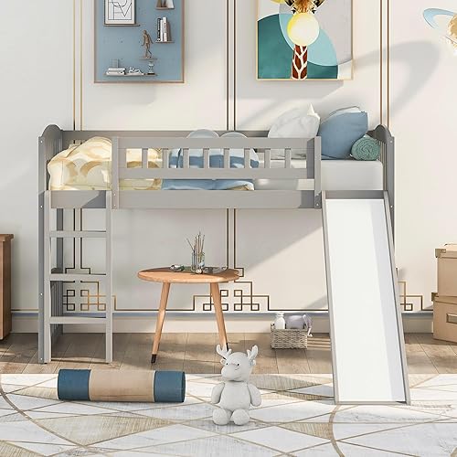 Harper & Bright Designs Cama alta baja con tobogán, cama individual tipo loft para niños con barandilla de seguridad y escaleras, marco de cama de