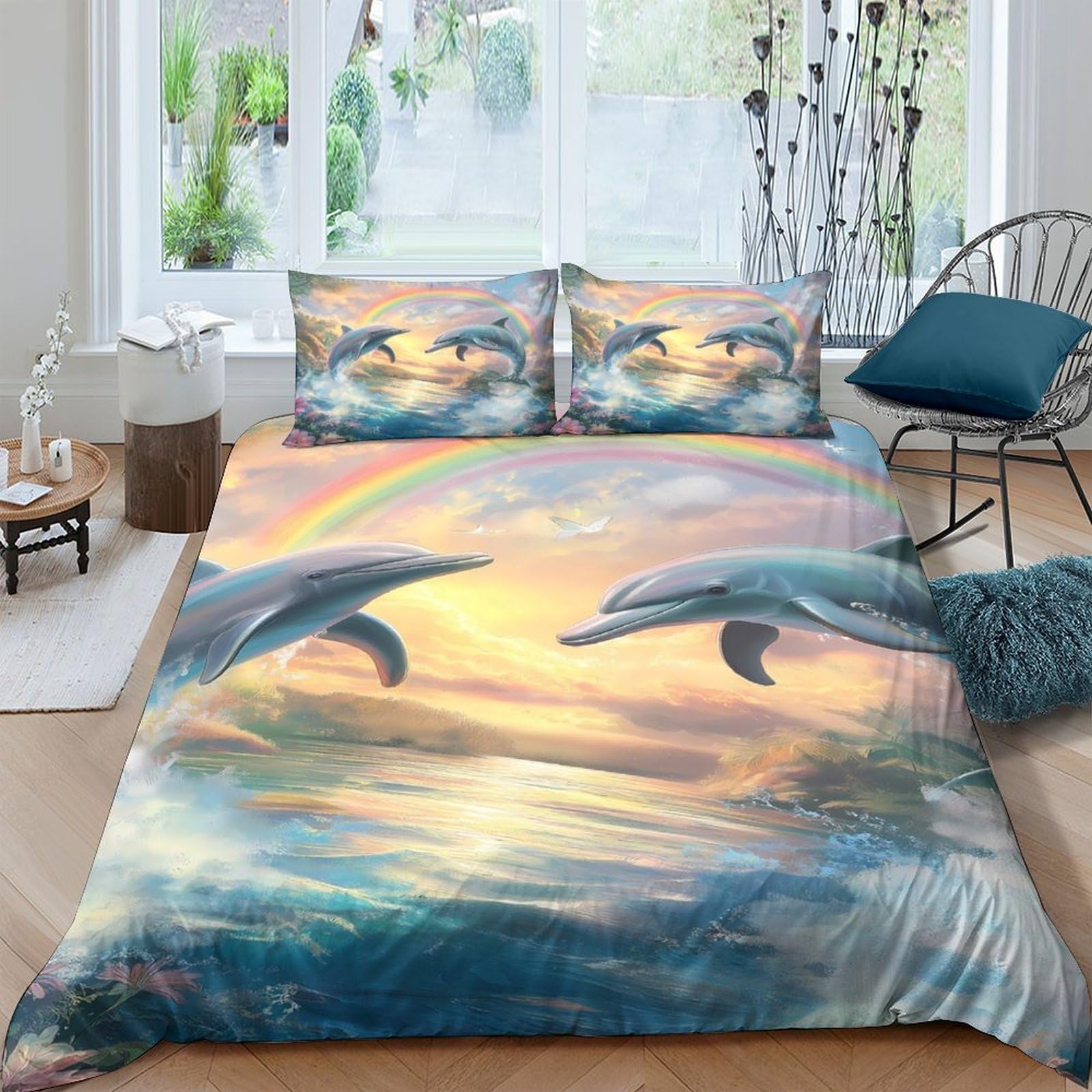 Ctjqhvkz Style-1 3D Printed Dolphin Ocean Sunset Fitted Sheet Microfiber Soft Breathable Rainbow Mattress Cover For Bedroom Decor Single（135X200cm）