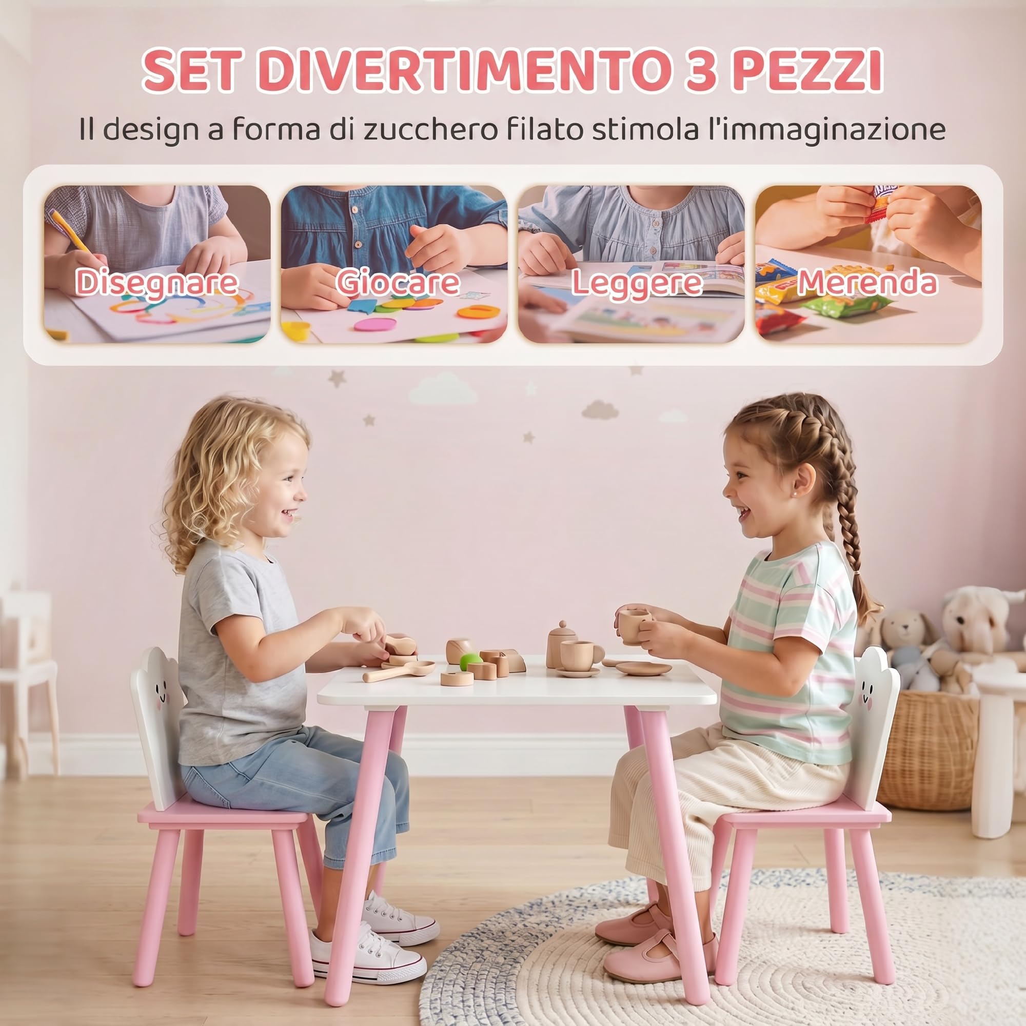 AIYAPLAY Set Tavolo e 2 Sedie per Bambini 3-6 Anni Zucchero Filato Rosa | Legno di Pino e MDF, Tavolino per Bambini con Sedie, Angoli Arrotondati, per Cameretta
