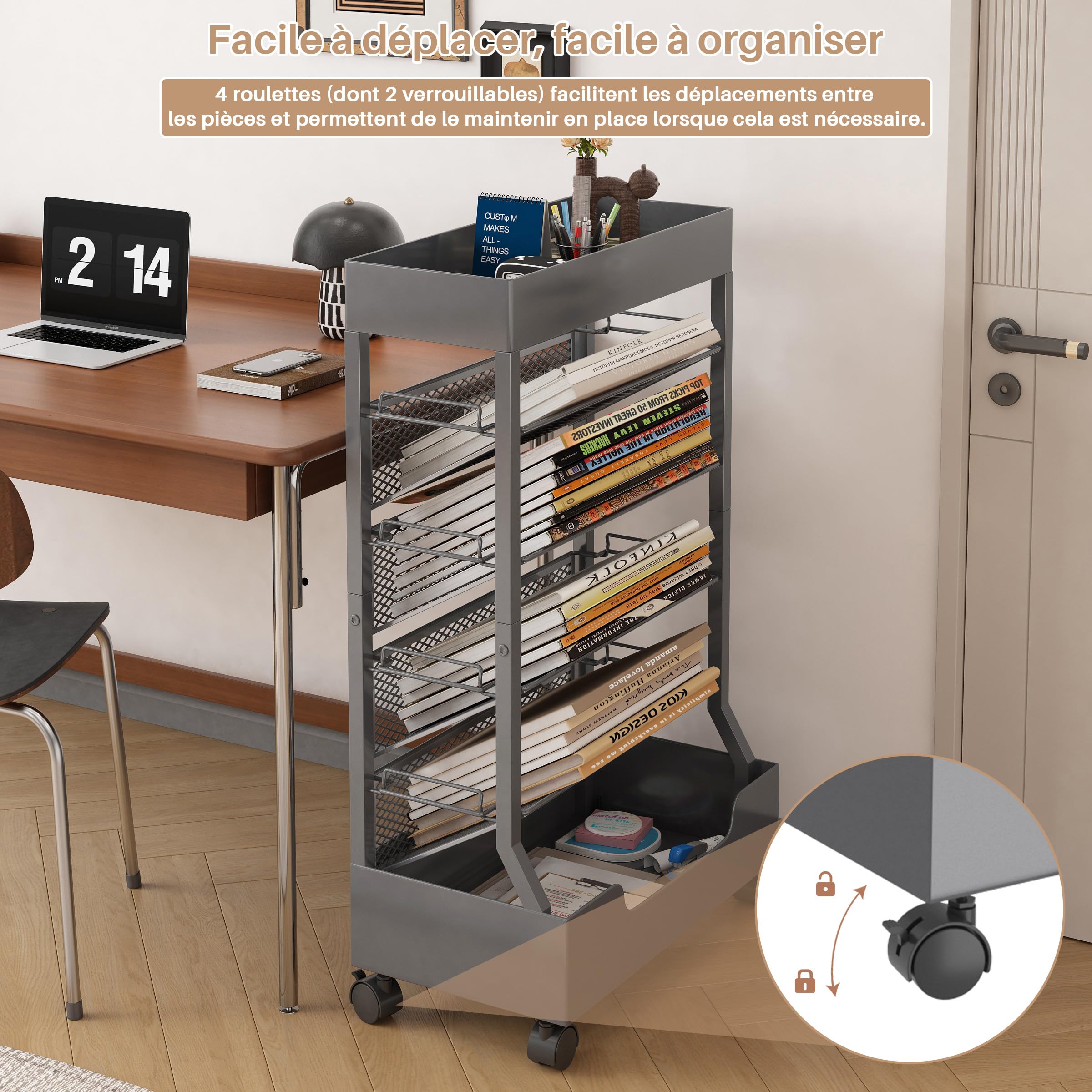 Bibliothèque mobile avec roue, organisateur de bureau, étagère de bureau, chariot à livres, porte-revues, grande capacité, gris
