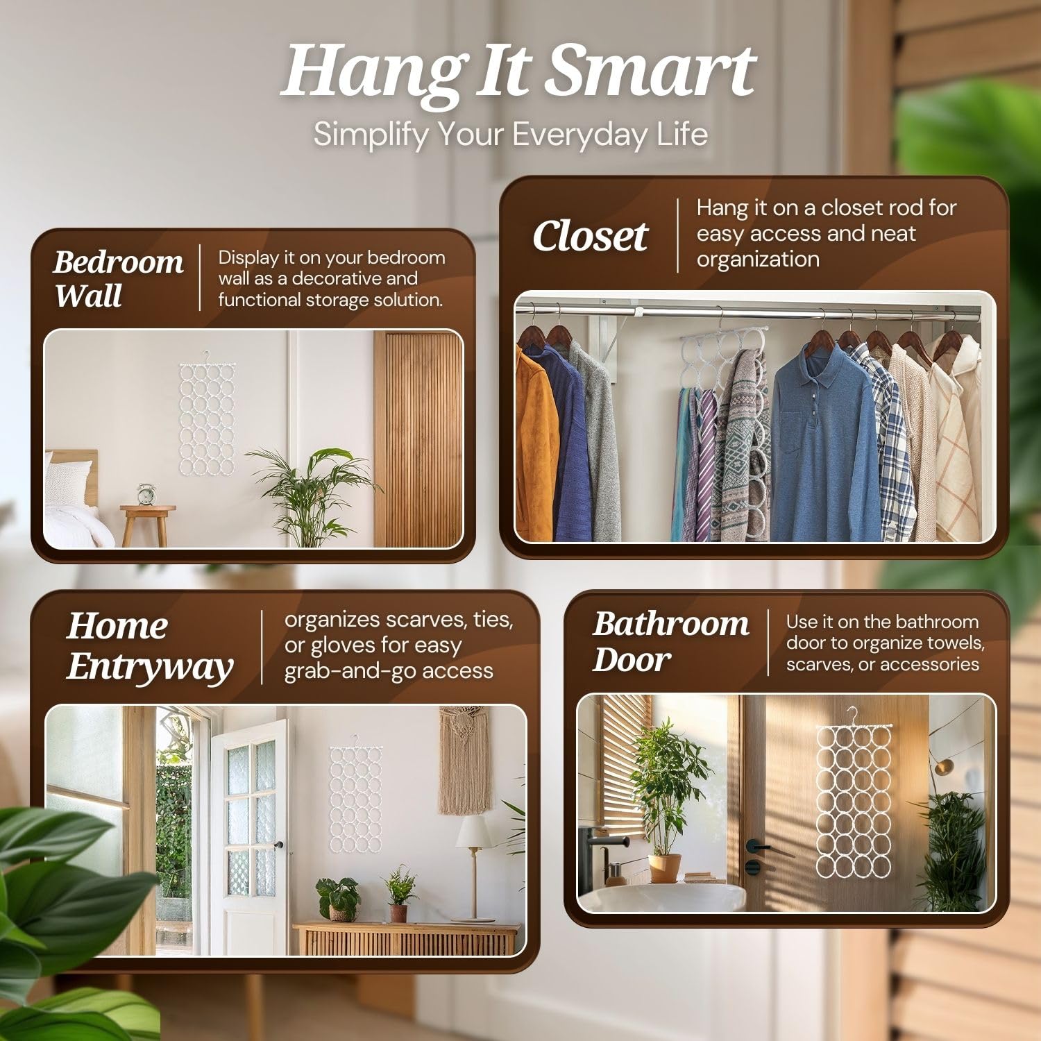 Flexzion Appendiabiti per Sciarpe Hanger - 28 Cerchi/Spazi Attaccapanni Organizer Multifunzionale Anello in Rattan Armadio Grucce Porta Abiti Design Accessori Cravatte Cinture Casa (Bianco)