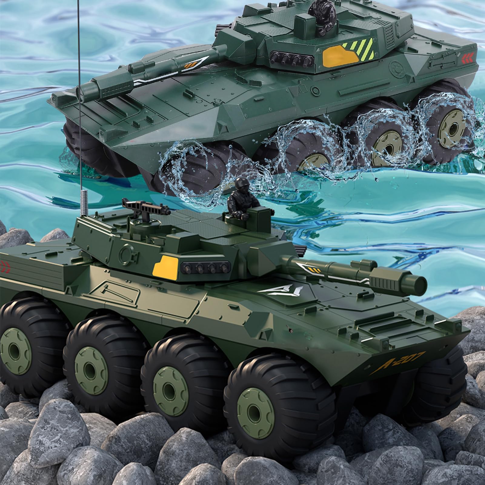 Carro armato RC giocattolo in scala 1/32 2.4GHz anfibio 8 ruote motrici Veicolo telecomandato Rotazione a 360 gradi Arrampicata su tutti i terreni RC Auto per bambini Adulti (Verde 2 batterie)