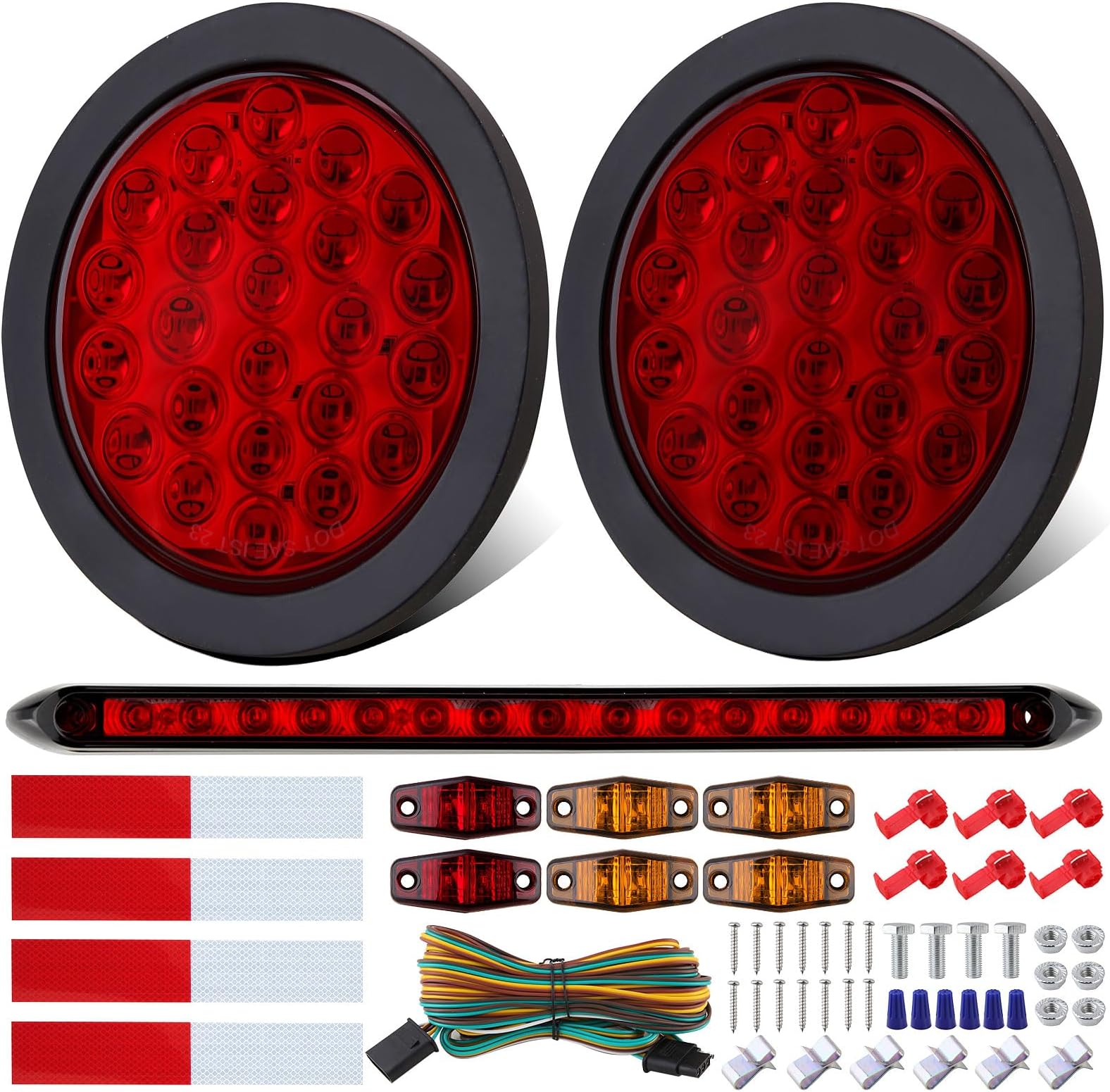 4" Inch Round Led Trailer Tail Lights Kit, 4" Round Led Stop Turn Tail Lights 24LED, 4Amber+2Red Mini Marker Lights, 13.8" Red Led 3RD Brake Identification Trailer Light Bar, 25ft Wiring Harness