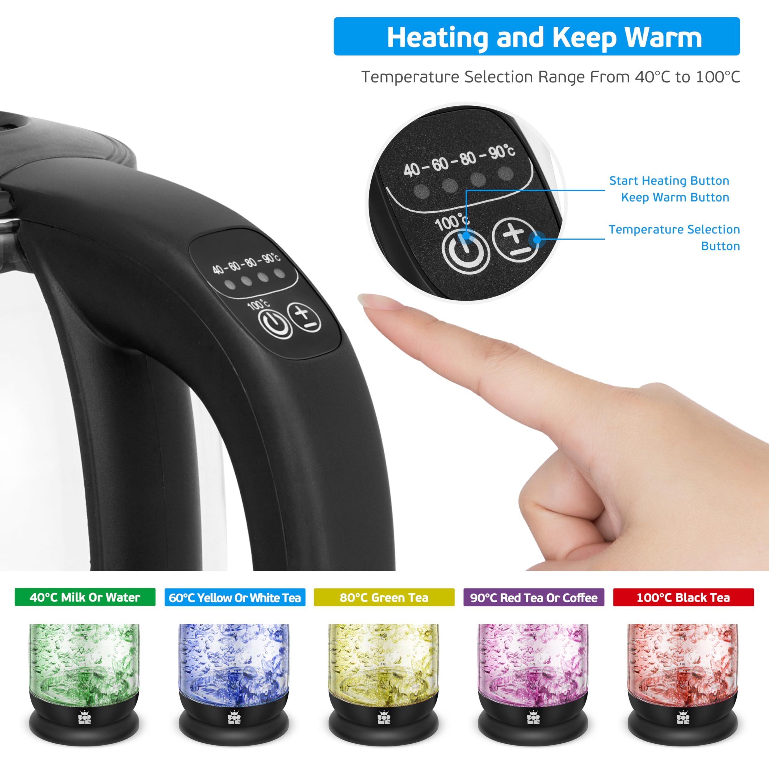 FOR ME Bollitore Elettrico in Vetro 1,7 L, Controllo della Temperatura, Temperatura Selezionabile da 40°C a 100°C, Illuminazione a LED a 5 Colori, Funzione di Mantenimento Caldo, Senza BPA