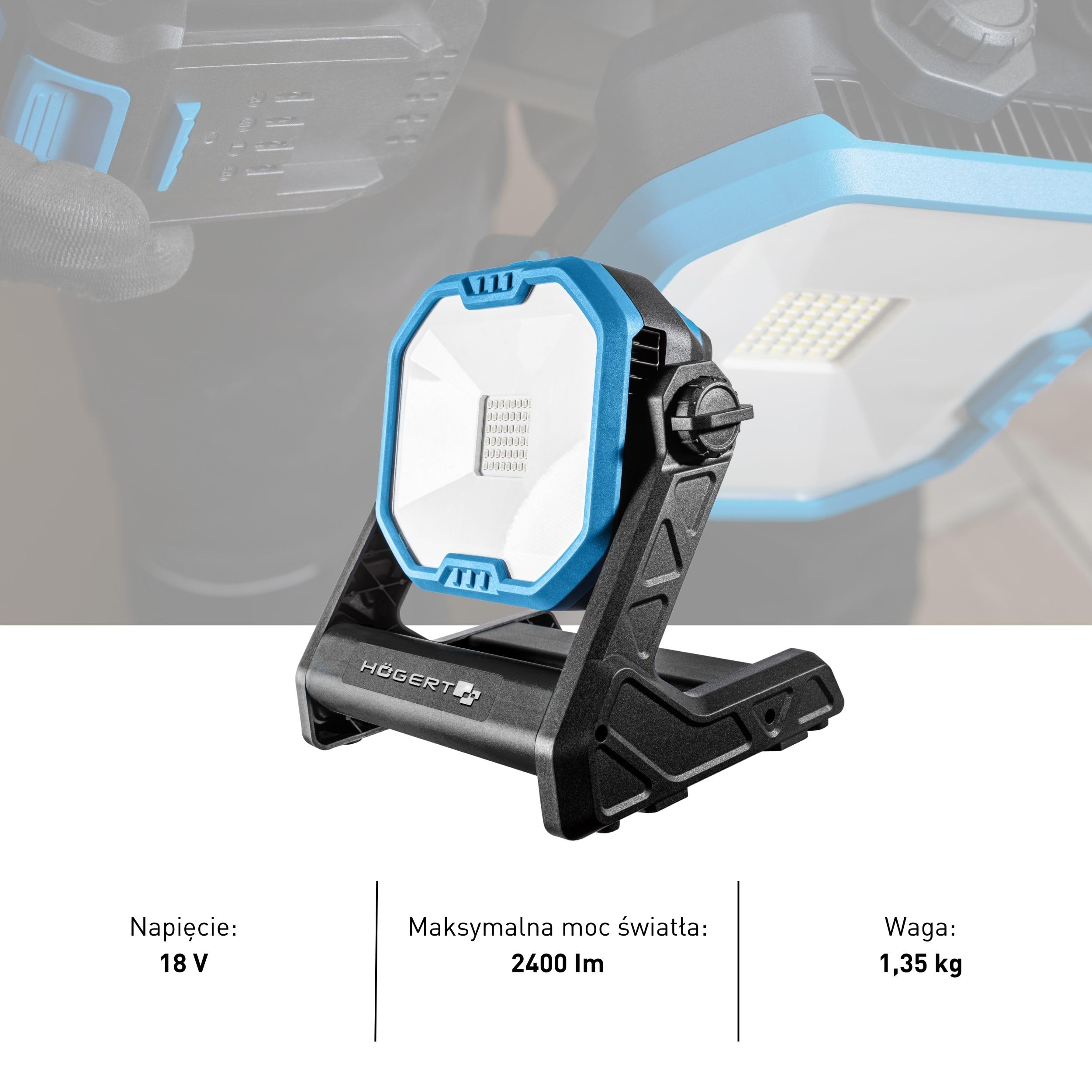 HÖGERT TECHNIK Akumulatorowy reflektor budowlany 18 V, SMD LED reflektor, 2400 lm, obracany o 360°, 3 tryby świecenia, 6500 K, czas pracy do 7 h, zasilanie bateryjne/sieciowe, lekki i wszechstronny,