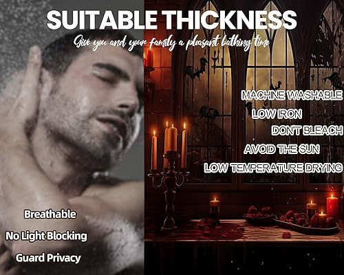 Miniatura 7 de Cortina de ducha de Halloween, diseño de mansión embrujada gótica espeluznante, juego de cortinas de baño de castillo de murciélago gótico