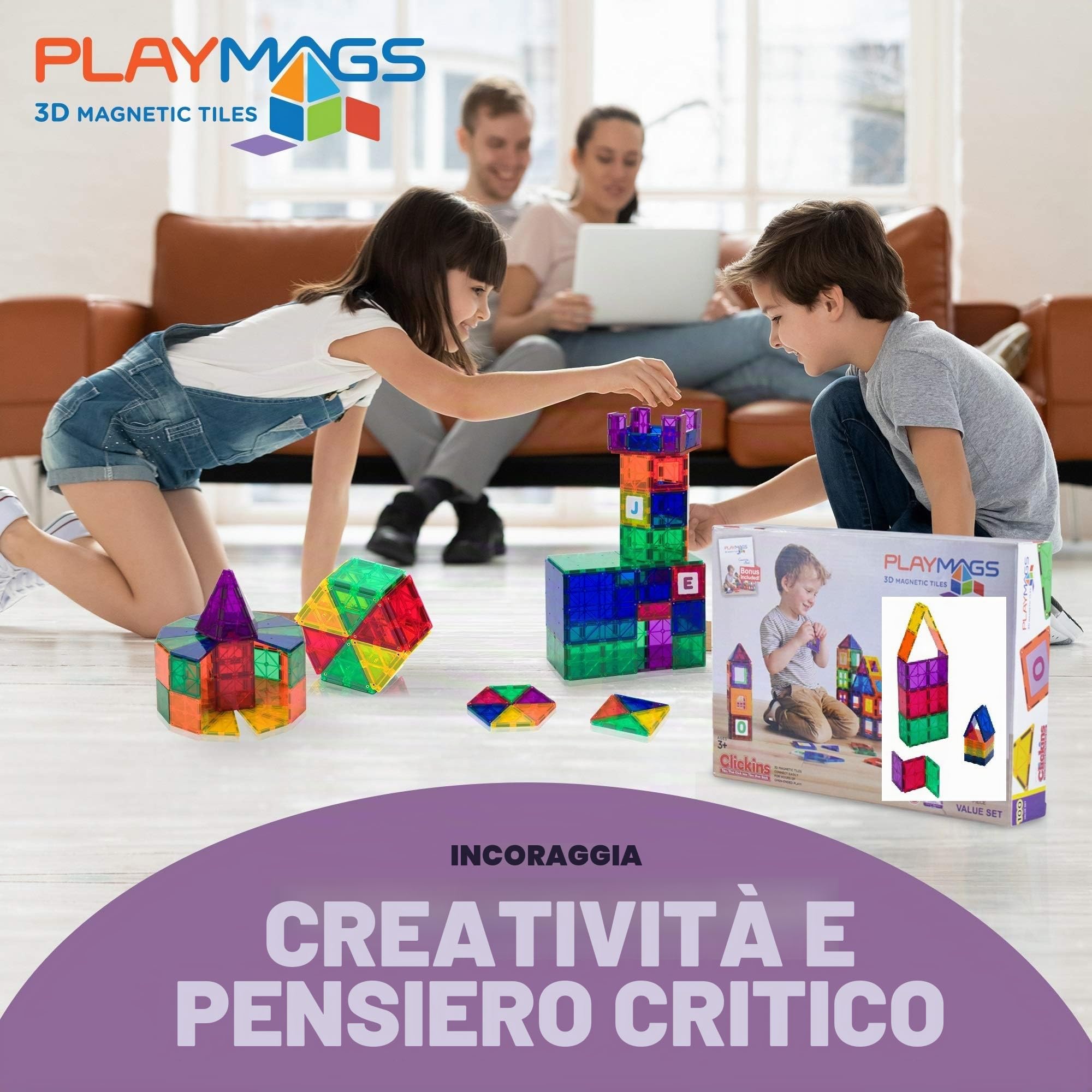 Playmags Set da 48 Pezzi - con Magneti più Potenti, Giocattoli STEM per Bambini, Piastrelle Magnetiche e Blocchi da Costruzione, Robusto, Super Resistente con Piastrelle dai Colori Chiari e Vivaci