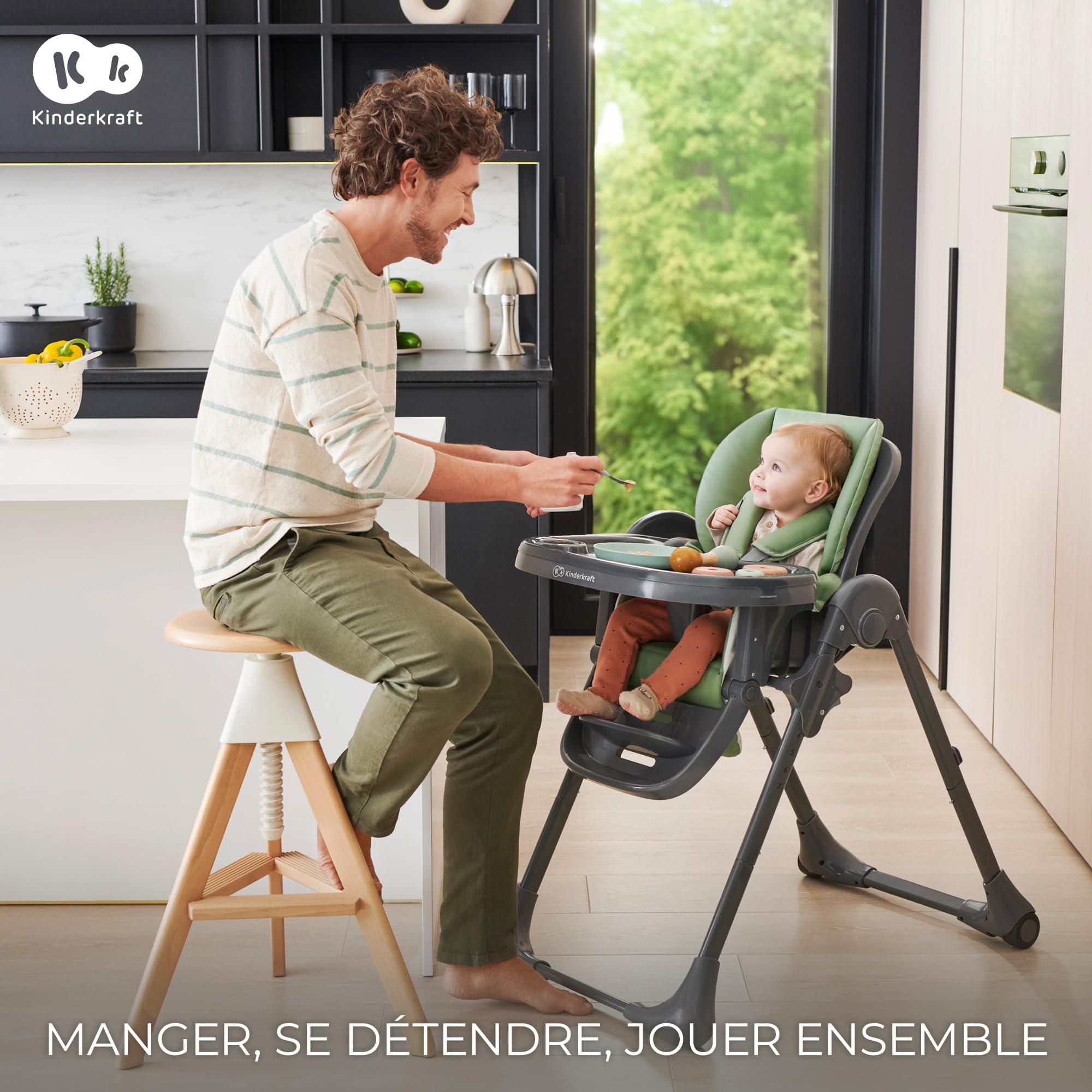 Kinderkraft TUMMIE Chaise Haute 2 en 1, pour Bébé Ergonomique, Confortable, Inclinable, Pliable, avec Hauteur Réglable, Repose-Pieds, Plateau Amovible, pour Tout-Petit, avec jouets, Beige