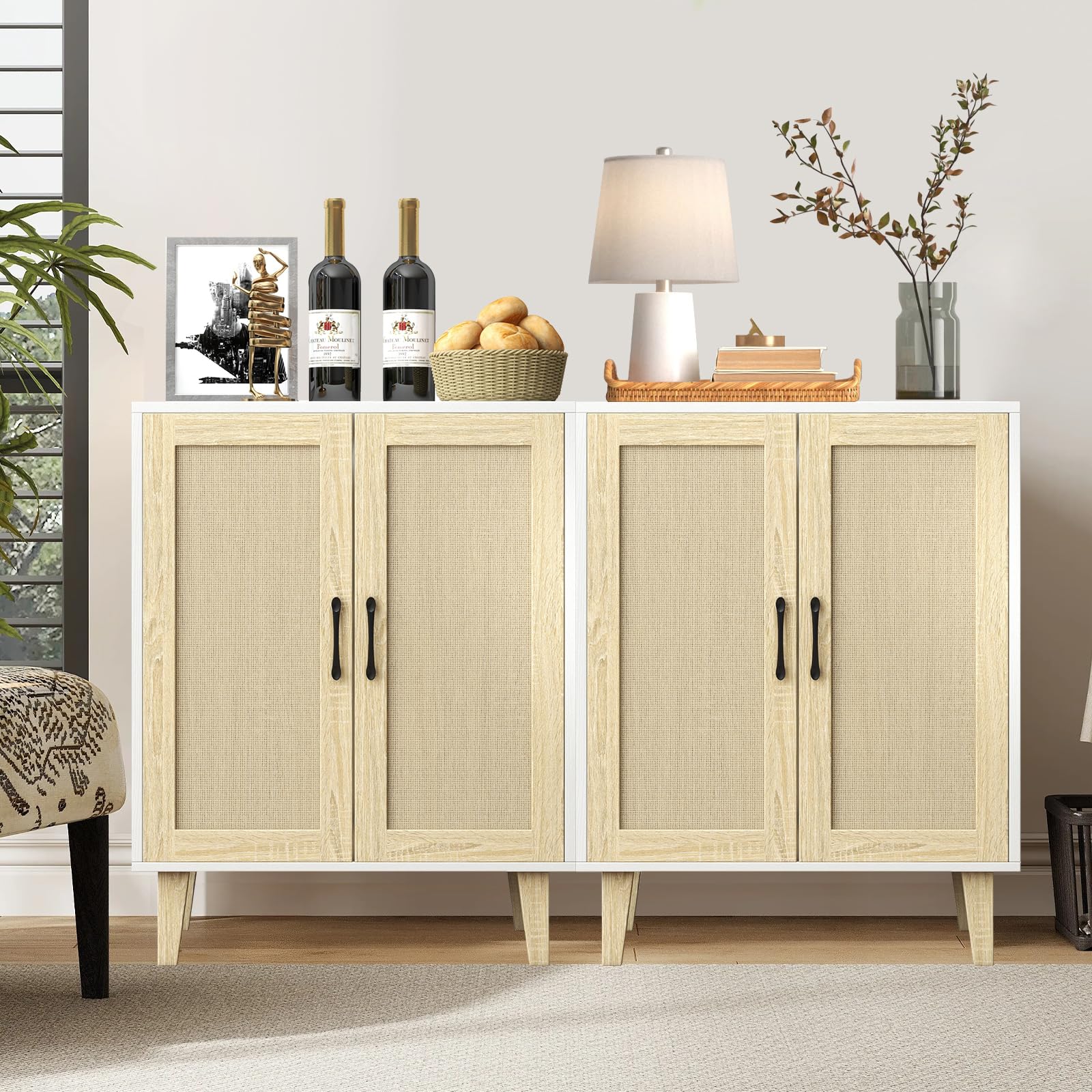 Panana Meuble de Rangement en Rotin et MDF, Buffets Haut Aspect sur Salon, Chambre, 69 x 38 x 88 cm (Blanc et Bois), MEFRSB57