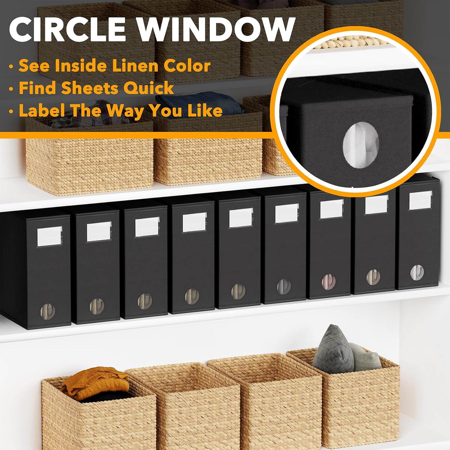 SpaceAid 9 Pack Bed Sheet Organizers and Storage, Foldable Sheet Organizer with Window for Linen Closet, Set Folder Keeper for Queen & King Size Bedding Storage (Black)