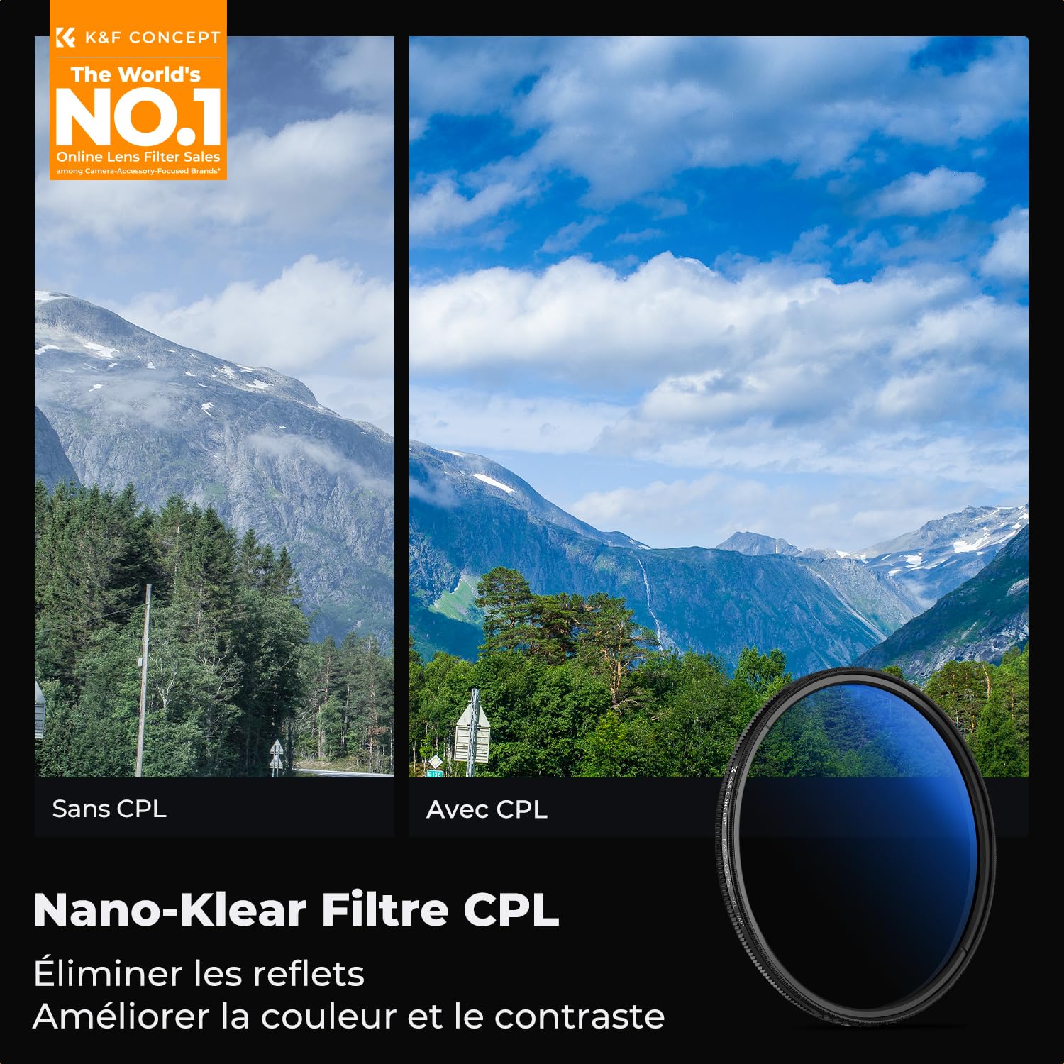 K&F Concept Filtre CPL 82mm Polarisant Slim + Chiffon de Nettoyage en Microfibre Emballé sous Vide pour Objectif Appareil Photo
