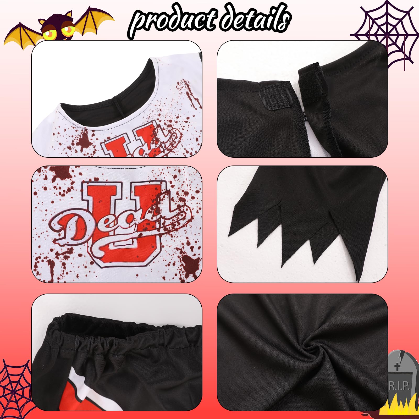 Joyincoser Dead Zombie Cheerleader Costume Kids with Pompoms and Red Bow Horror Scary Bloody Fancy Dress Gift for Halloween Party Carnival Horror Cosplay (Large) - Image 2