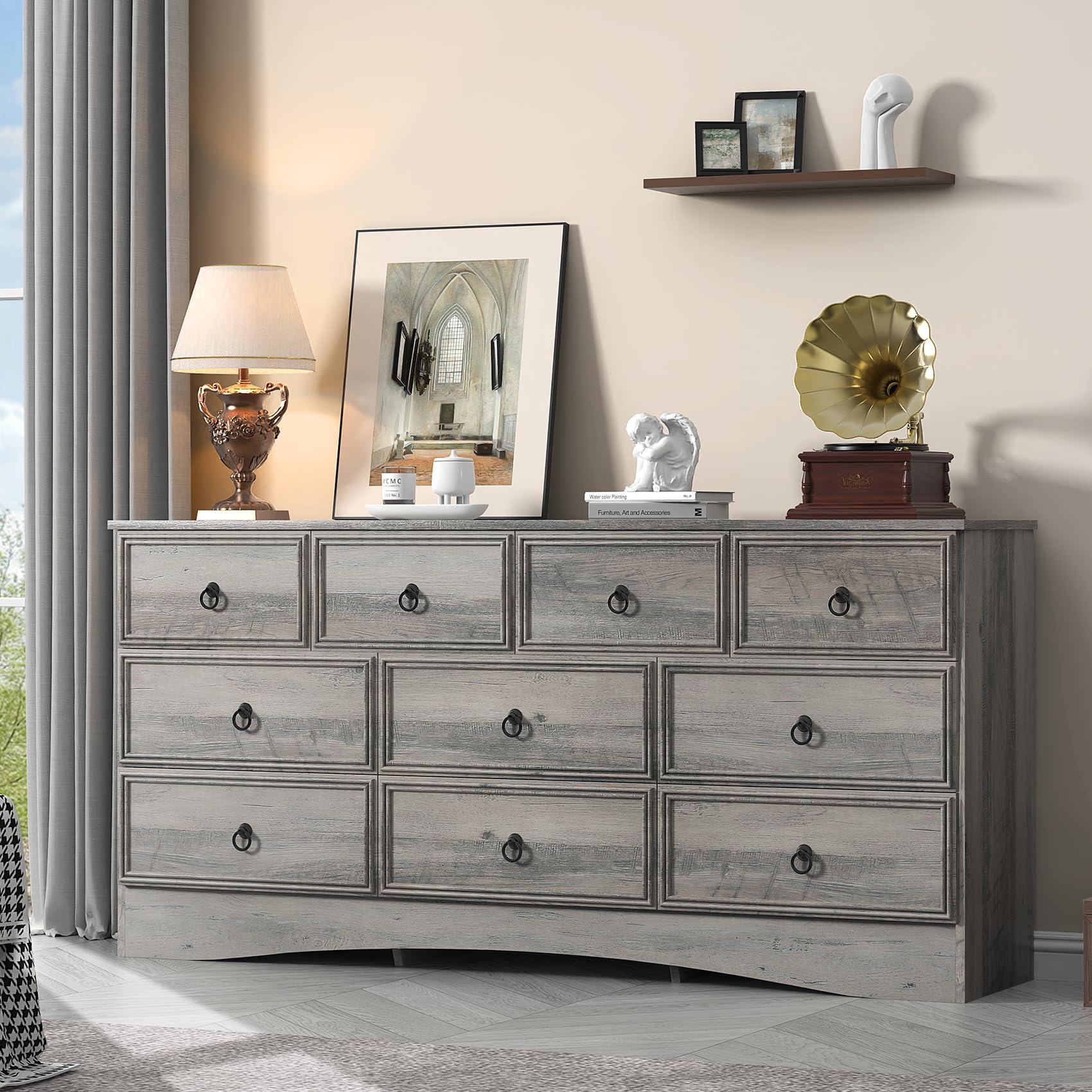 VVFLU 63”W Dressers for Bedroom, Grey Dresser with 10 Deep Drawer, Long Dressers & Chests of Drawers for Clothes, Easy Pulls Handle, Textured Borders,