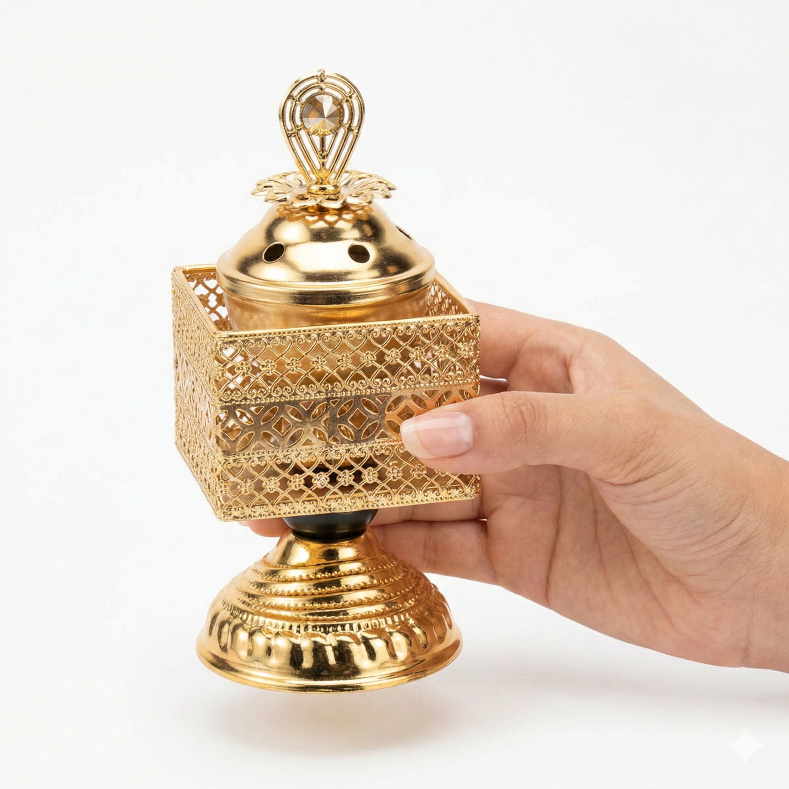 Drumstone Charcoal Incense Burner Golden Metal Bakhoor Burner with Lid | Arabic Mabkhara for Oudh, Frankincense & Resin | Traditional Holder for Home Fragrance, Prayer, Meditation, Aromatherapy Decor-image-13