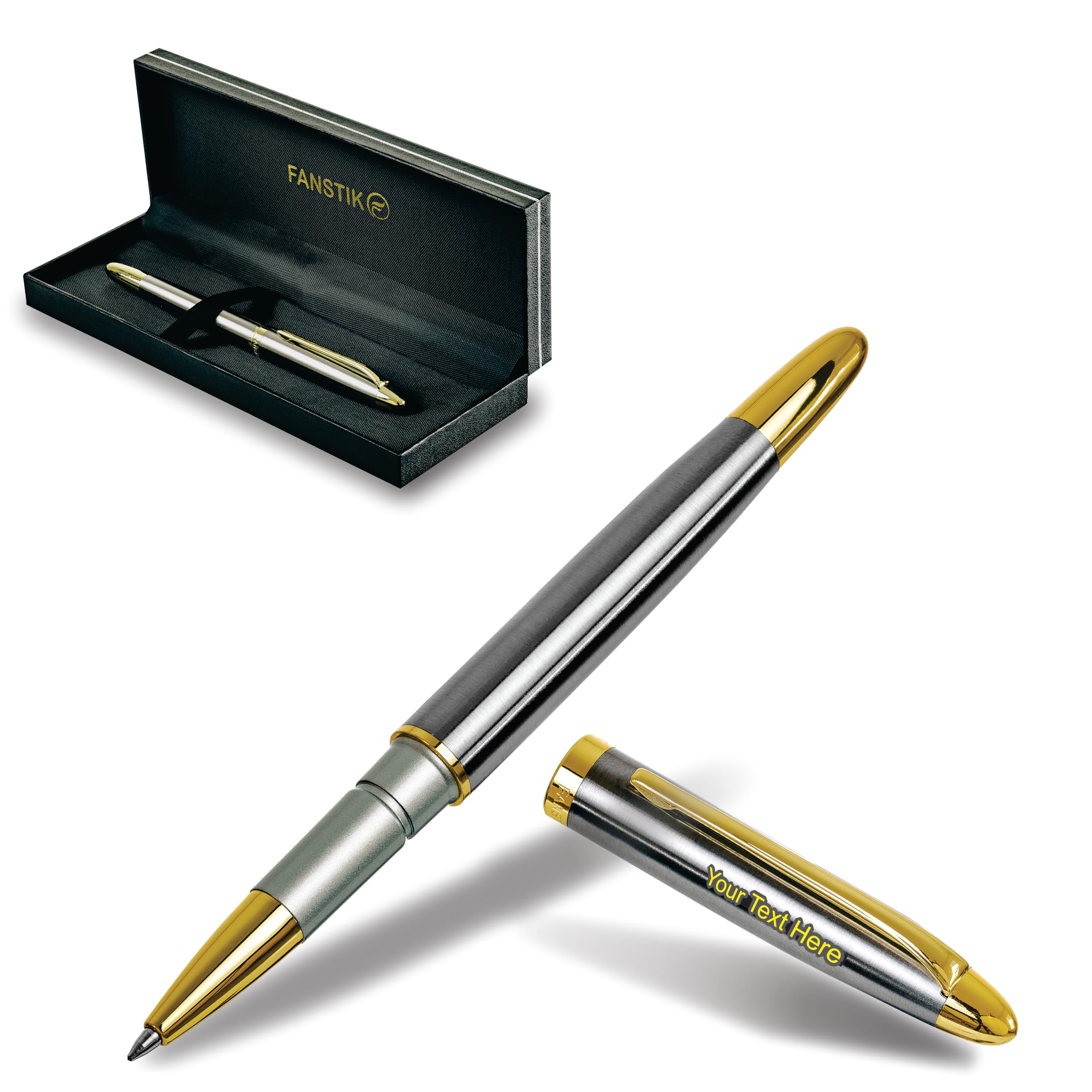 Customized RollerBall pen with name (MADE IN USA), stainless steel, Silver and gold, luxury engraved pen personalized for men and for women. (RollerBall Silver-Gold).