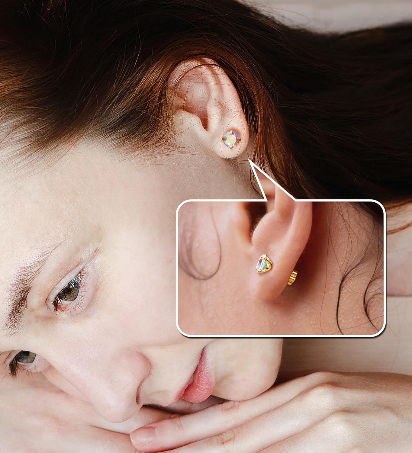 4Pairs AB Cubic Zirconia Earrings Studs Flat Back Earrings for Women 14K Gold CZ Flatback Stud Earrings Hypoallergenic Cartilage Nap Earrings - Image 4