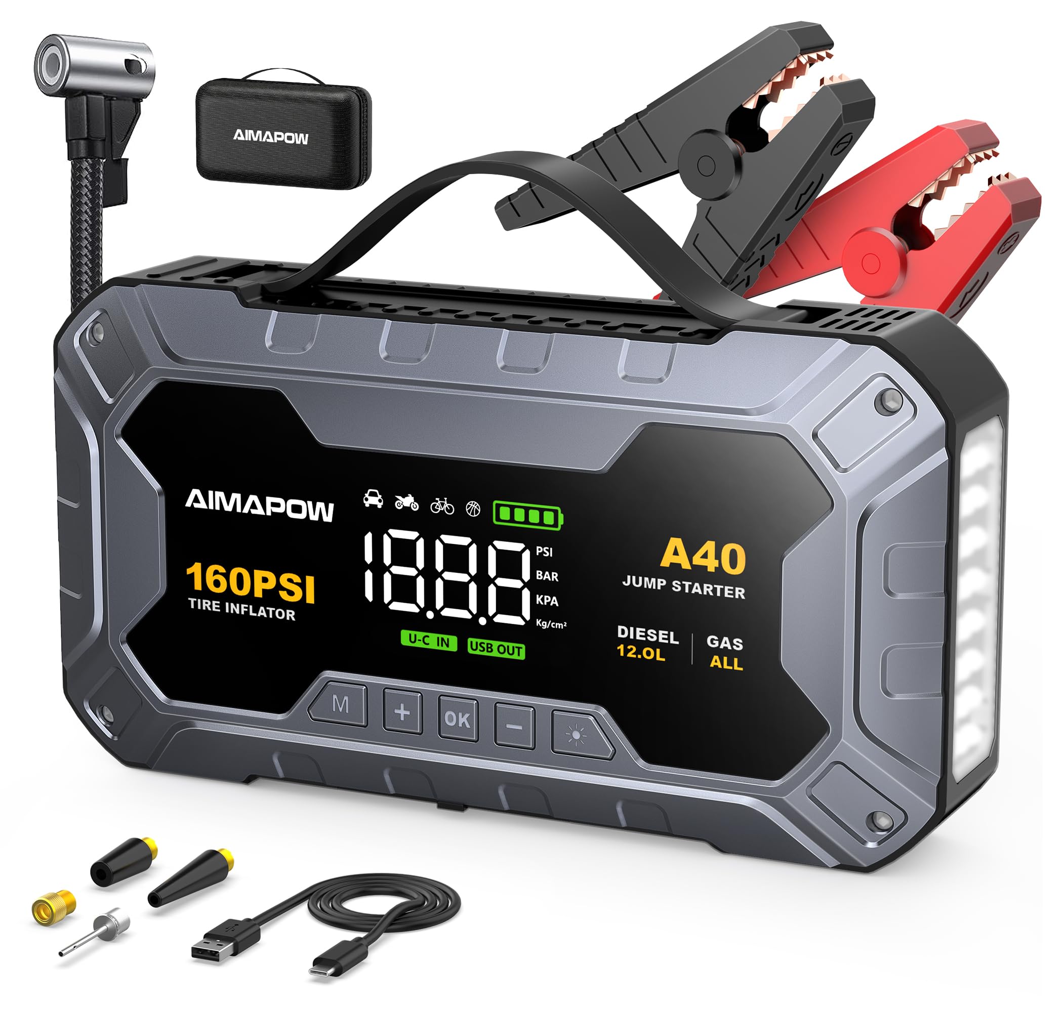 AIMAPOW Starthilfe Powerbank für Pkw mit Kompressor 8000A 160PSI,27000mAh Auto Starthilfe Powerbank für All Benzin und 12.0L Dieselmotor,Starter Powerbank Eingang/Ausgang und 600LUM LED-Licht