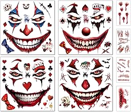 8 Sheets Halloween Tattoo Face, Bloody Clown Tattoo with Bloody Scars, Face Tattoo Halloween for Halloween Costume Make Up