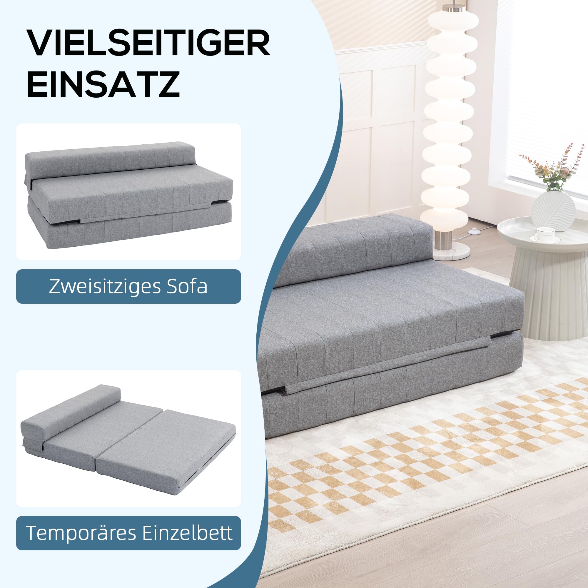 HOMCOM Bodensofa 2-in-1 Klappbar für 2 Personen bis 250 kg Belastbar Grau