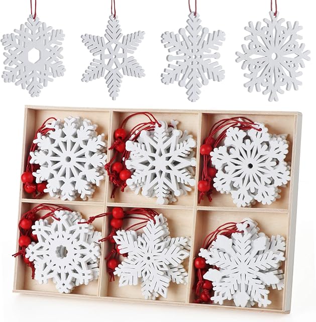 Anstore 30 Pieces Wooden Snowflake Embellishments Christmas Snowflake Ornaments Christmas Tree Hanging Ornaments Wood Snowflake for Crafting Christmas Party and Home Decor