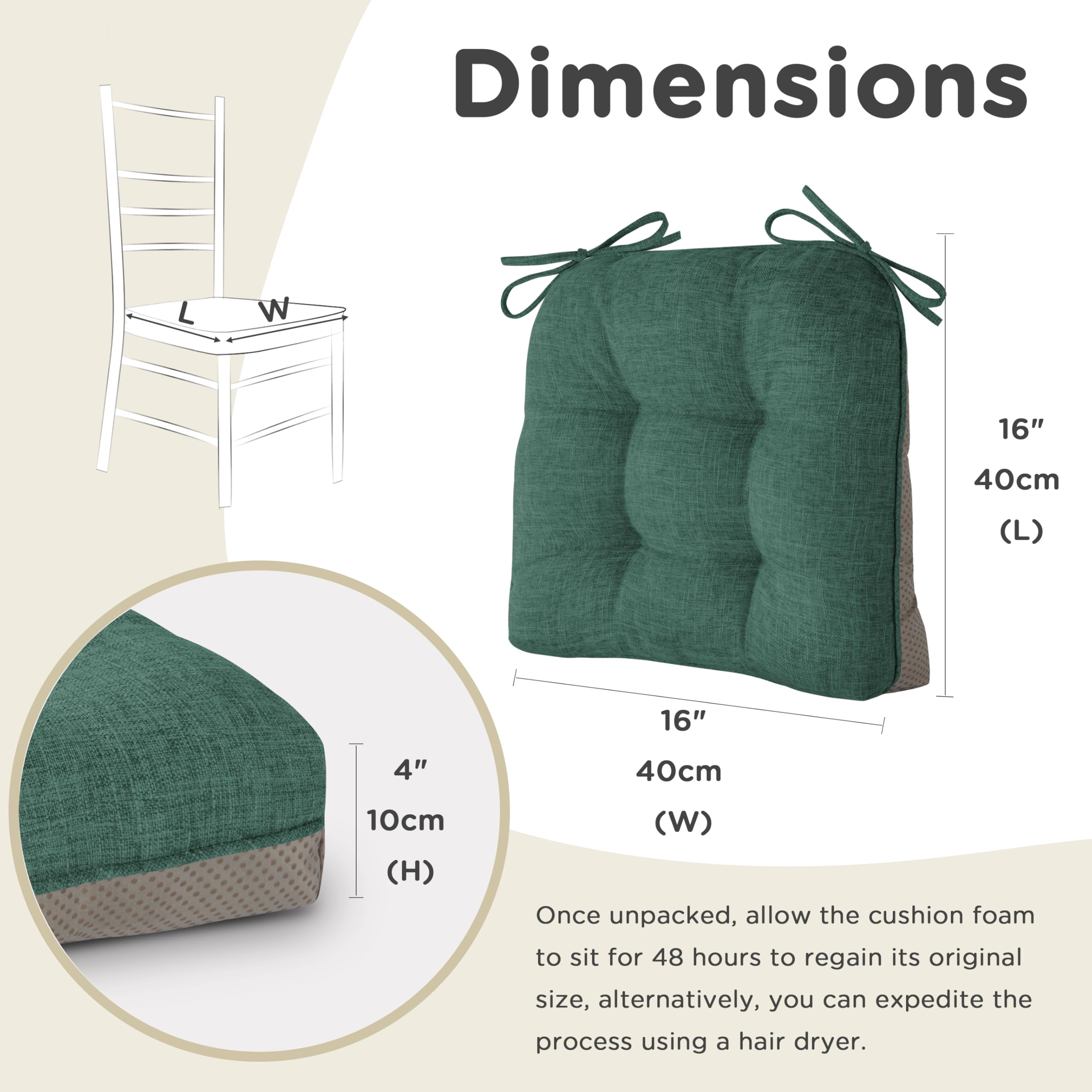 AddGrace 6er Set Sitzkissen 40 x 40 x 10cm Tiefgrün | Weiche Stuhlkissen mit Hochwertiger Polsterung für Innenbereich Küche oder Esszimmer