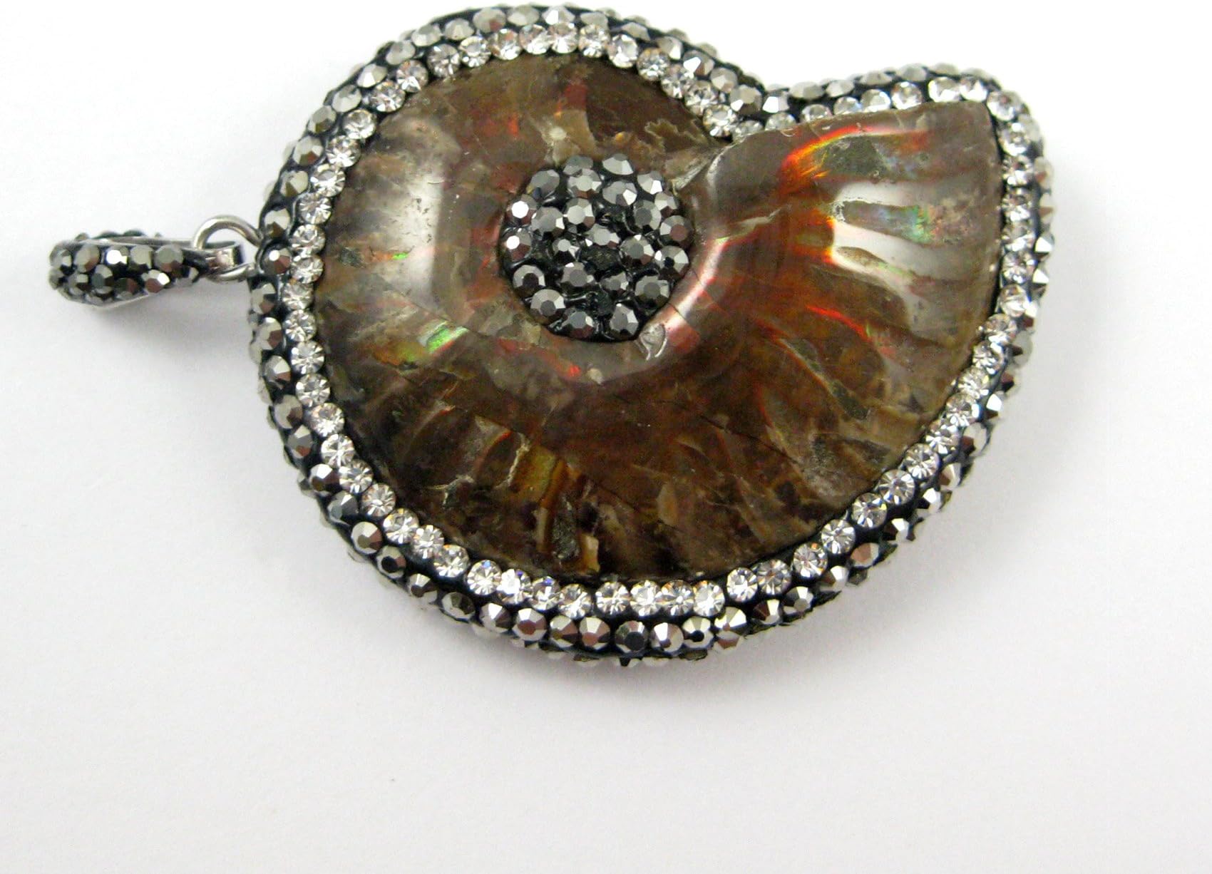 Natural Ammolite Fossil Mineral Stone with Zircon Pave Edging, Necklace Pendant
