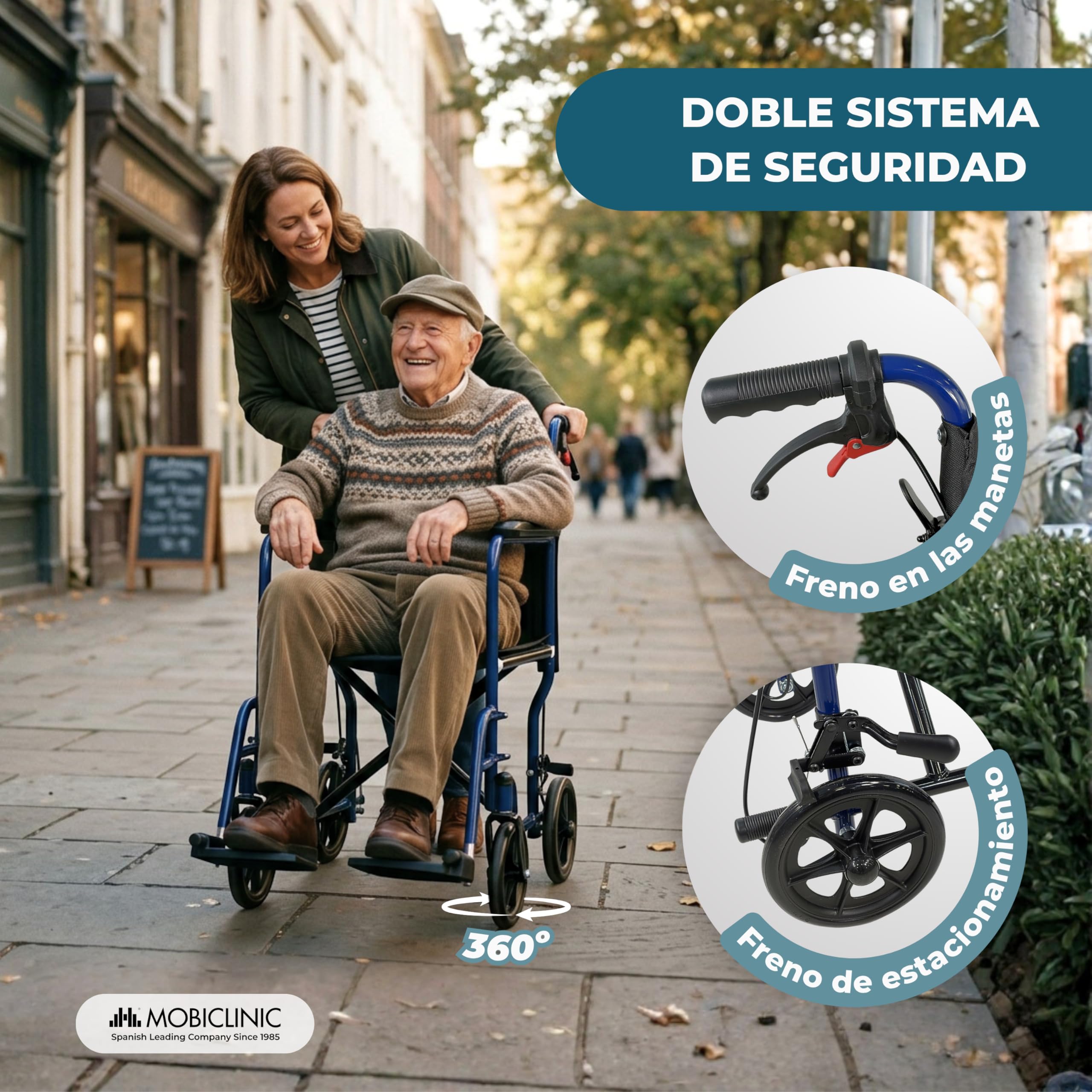 Mobiclinic®, Silla de Ruedas Plegable, de Tránsito, Respaldo Abatible, Reposapiés Extraíbles, Doble Sistema de Frenado, Reposabrazos Acolchados, Acero, Ligera y Compacta, Napoli
