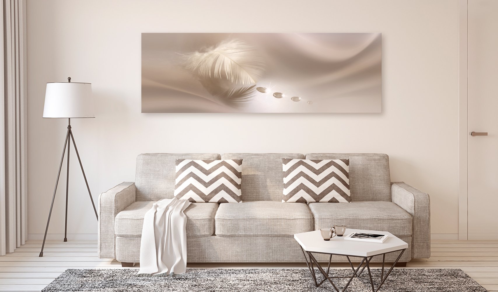 artgeist Acoustic Canvas Wall Art Print Feather 53x18 in - 1pcs Picture with Acoustic Foam Sound Print Artwork Room Acoustics Soundproofing - Beige White Spa b-C-0160-b-a