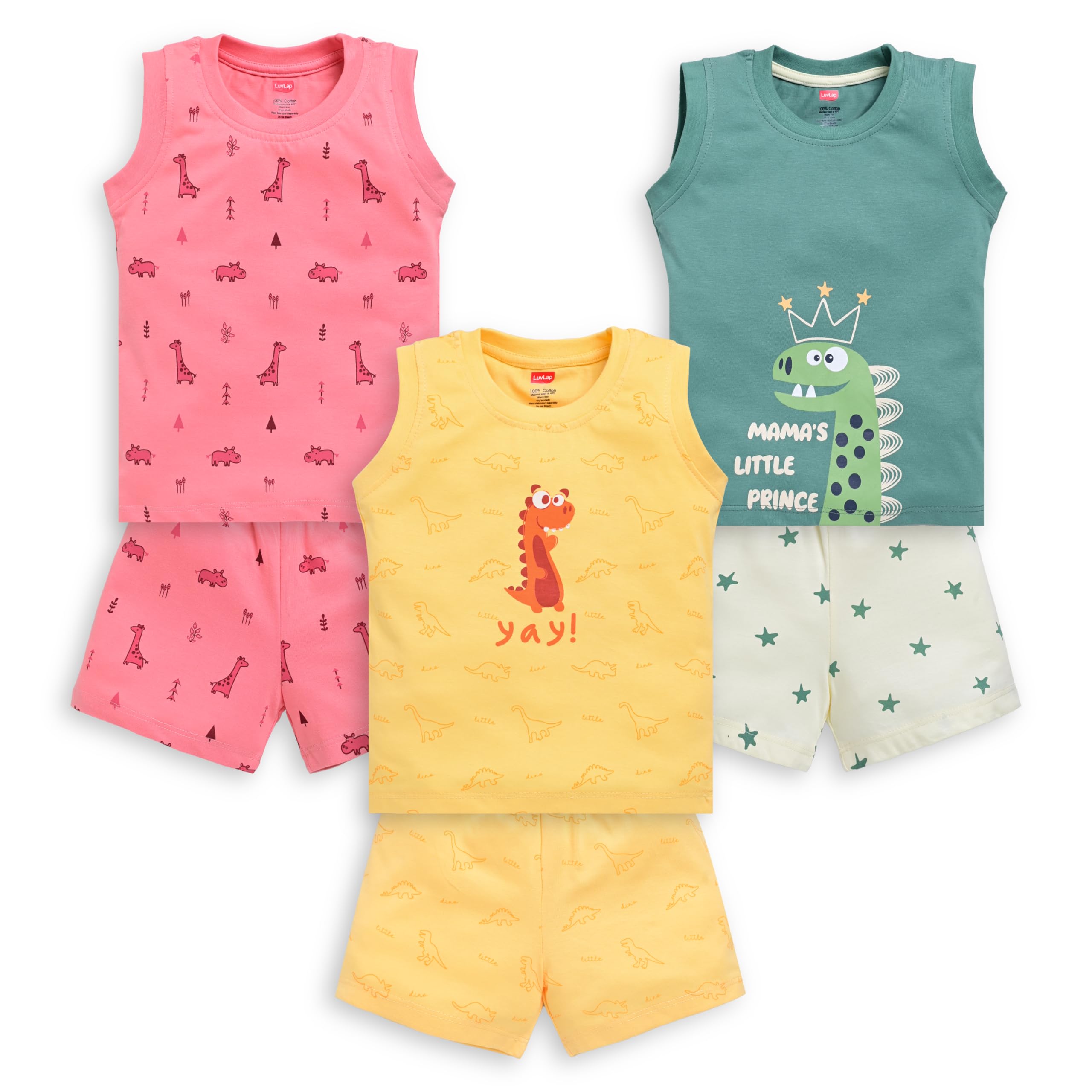 Baby Boys Regular Fit 100% Cotton Sleeveless Boys T-Shirt & Shorts Sets Pack of 3