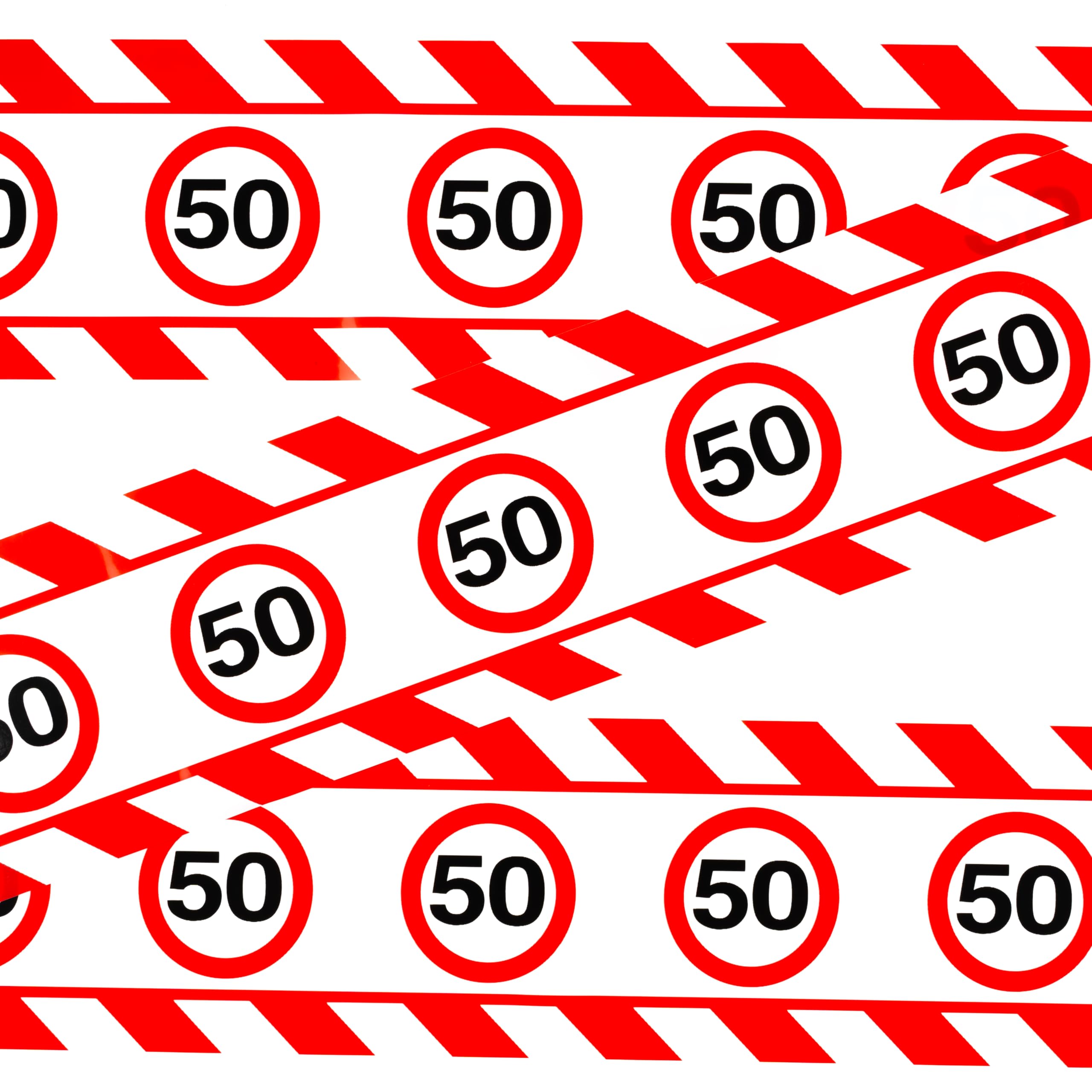 Décoration d’anniversaire 50 ans – Ruban de signalisation rouges et blancs motif panneau de signalisation “50” – Déco originale et idées cadeaux drôles pour homme ou femme