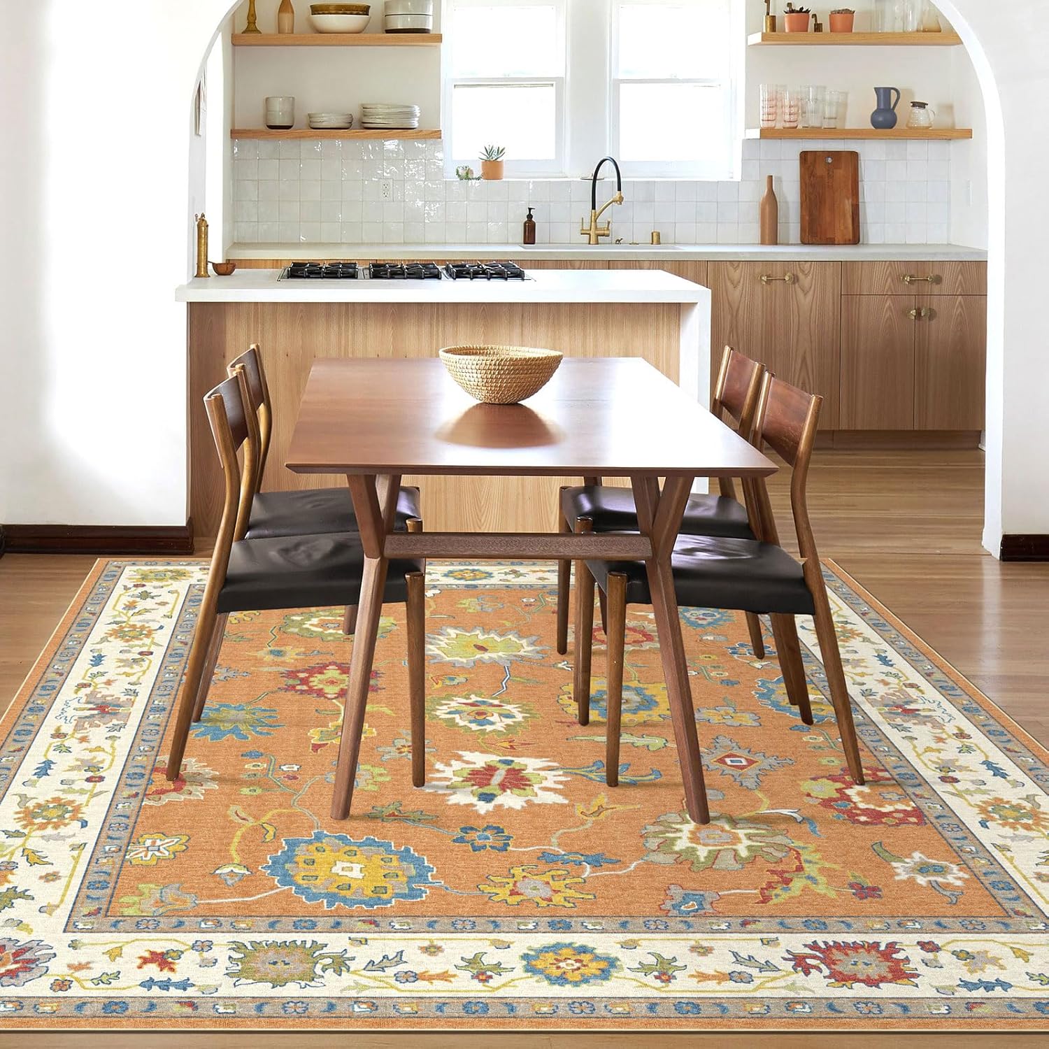 BLISSA Washable Area Rug 5x8 - Soft Brown Orange Ochre Oriental Traditional Oushak Print Bedroom Rug Non-Slip Vintage Farmhouse Soho Carpet Floor Rugs for Living Room Bedroom Dining Room Home Office