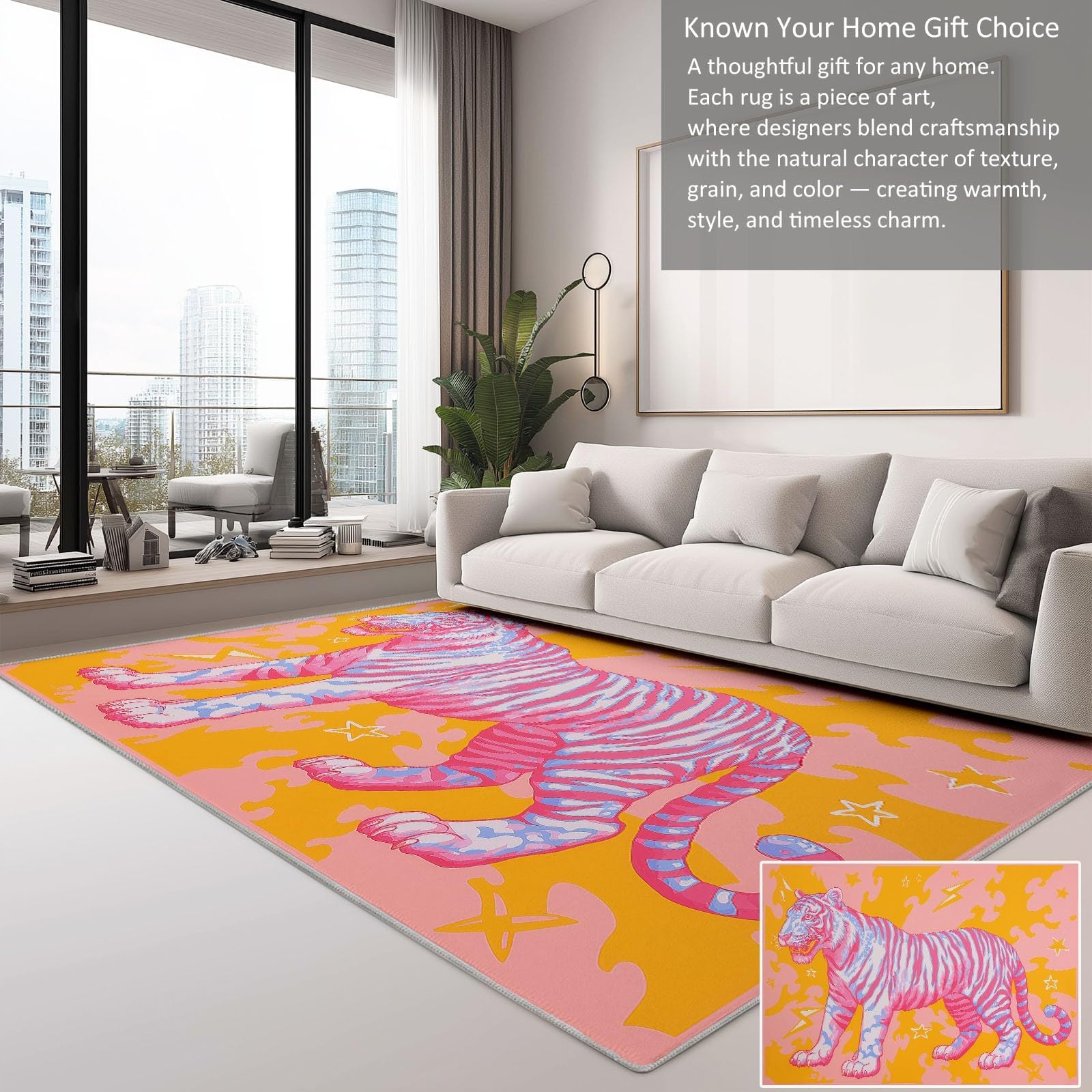 Tapis Tigre Rose pour Salon 200 x 250 cm, Lavable, Fin, Doux et antidérapant, pour Couloir, Chambre ou Bureau, Motif Animal Sauvage