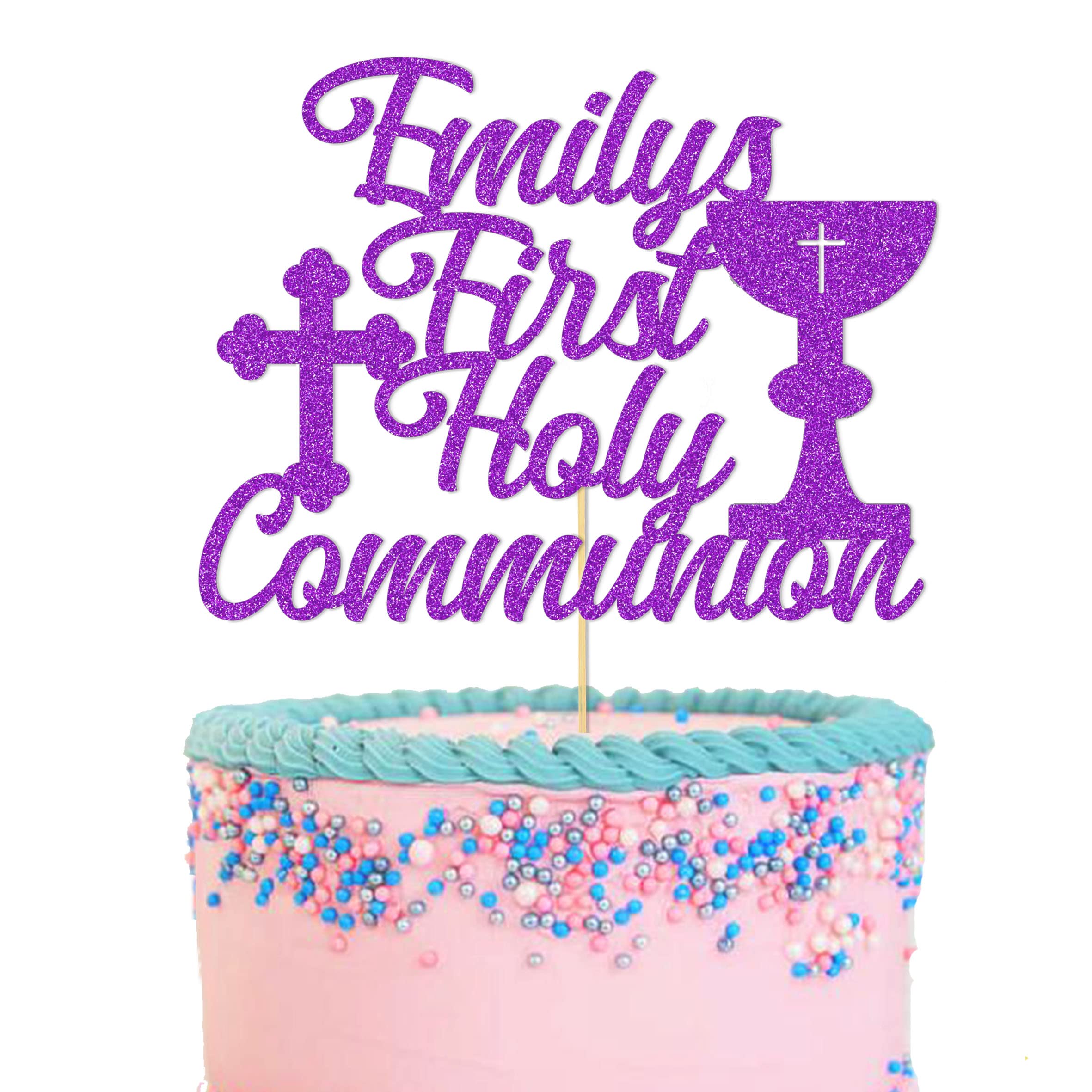 GuteGifts Personalised First Holy Communion Cake Topper - Grail Cross Christening Baptism Confirmation 1st Communion Party Decor Multicolour Glitter Hand Finished in UK (Purple)