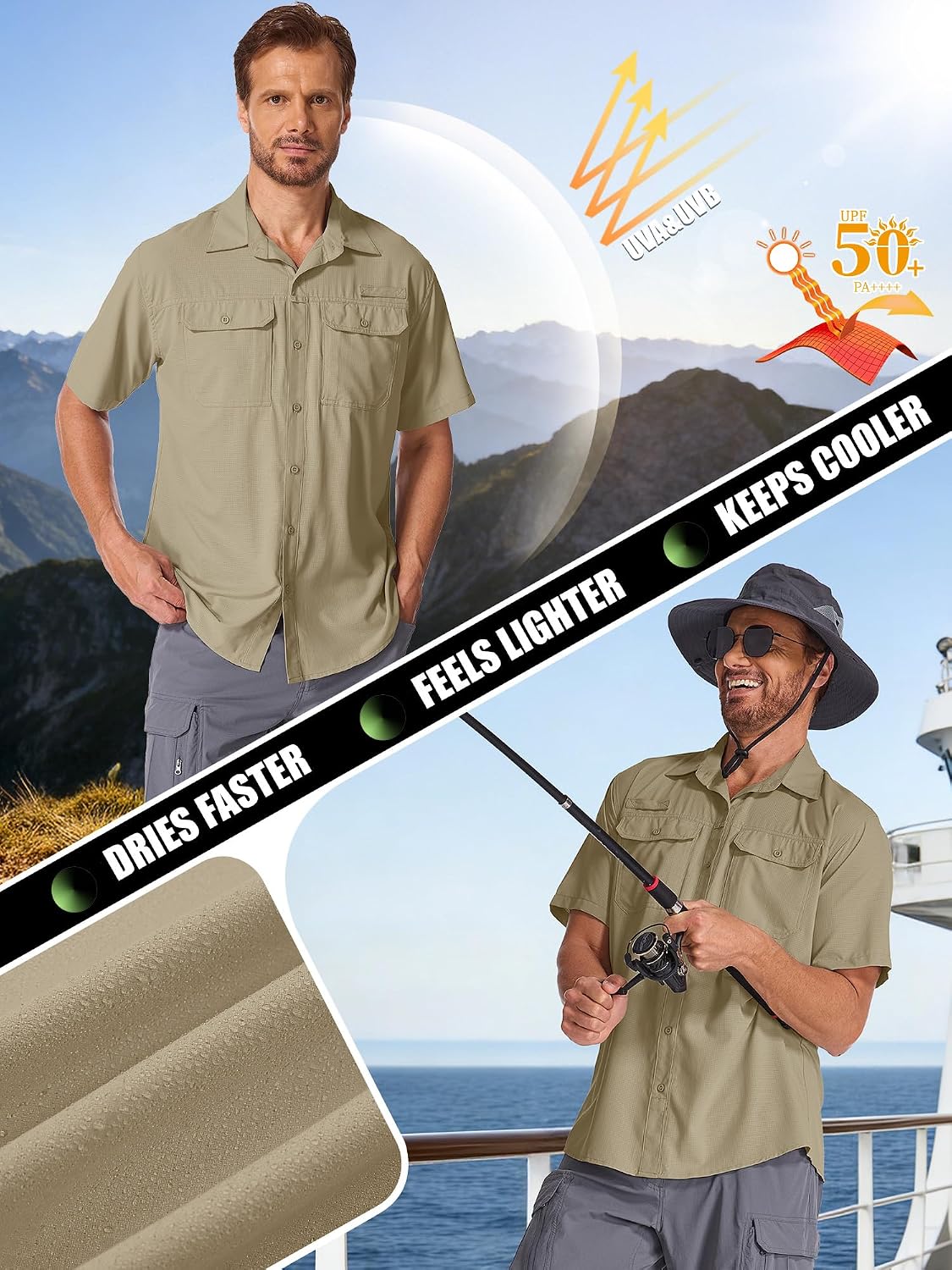 Men's Sun Protection Short Sleeve Safari Shirts Fishing Shirts Cooling Travel Work Shirts