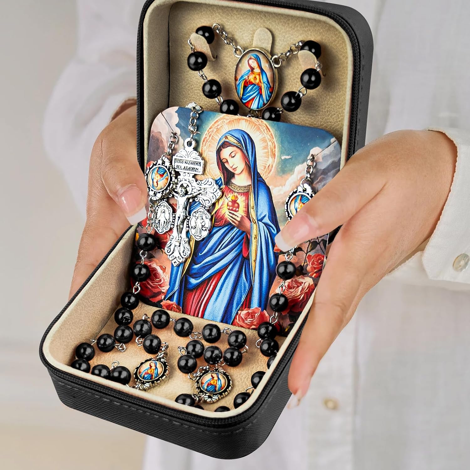 Catholic Rosary Necklace for Women with 8MM Glass Pearl Beads - Our Lady of Lourdes & Immaculate Heart of Mary Jewelry Gift, Travel Case, First Communion - Image 4